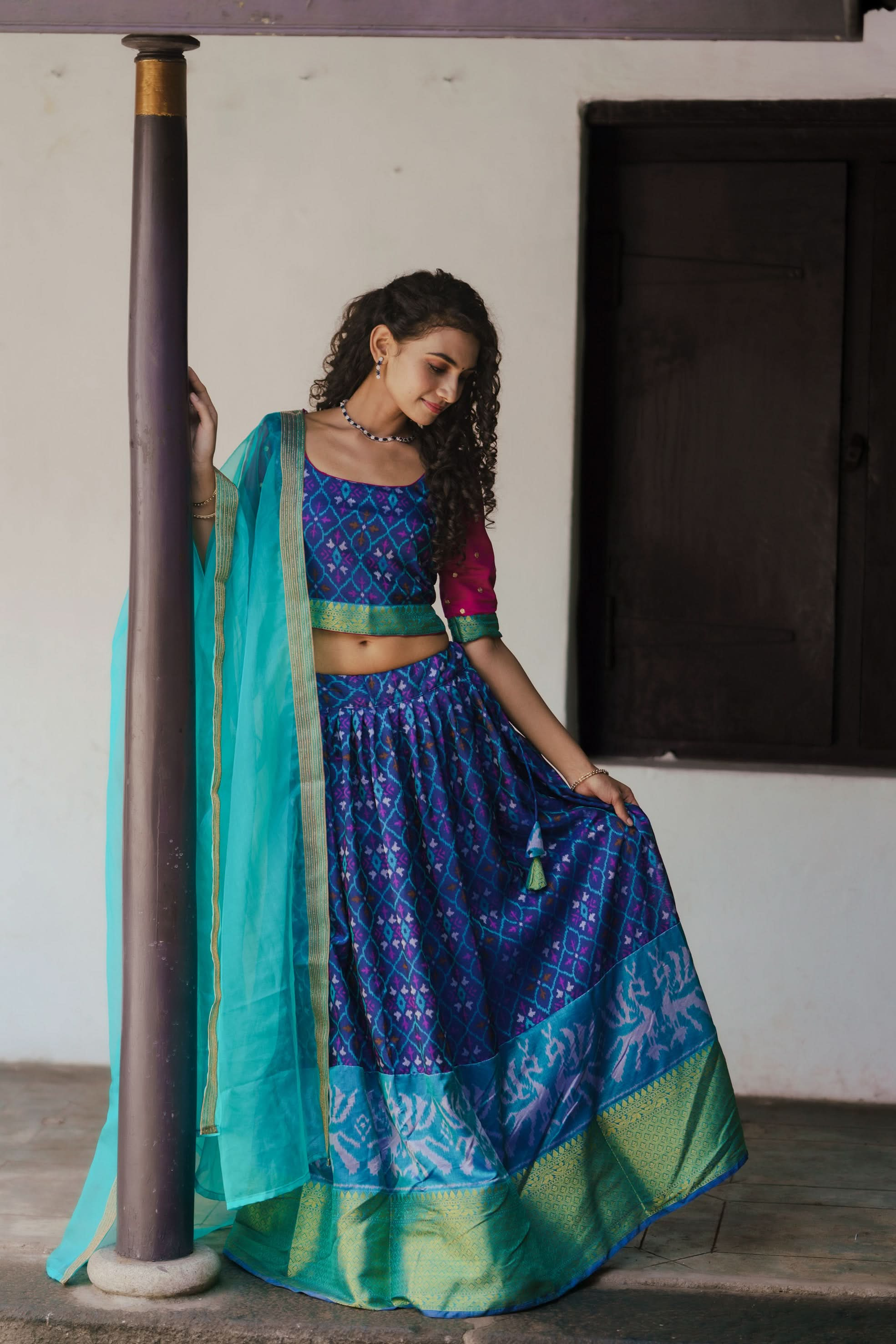 Shades of Blue Ikkat Print 3 PIece Crop Top with Skirt and Dupatta Set in Art Silk | Made To Order