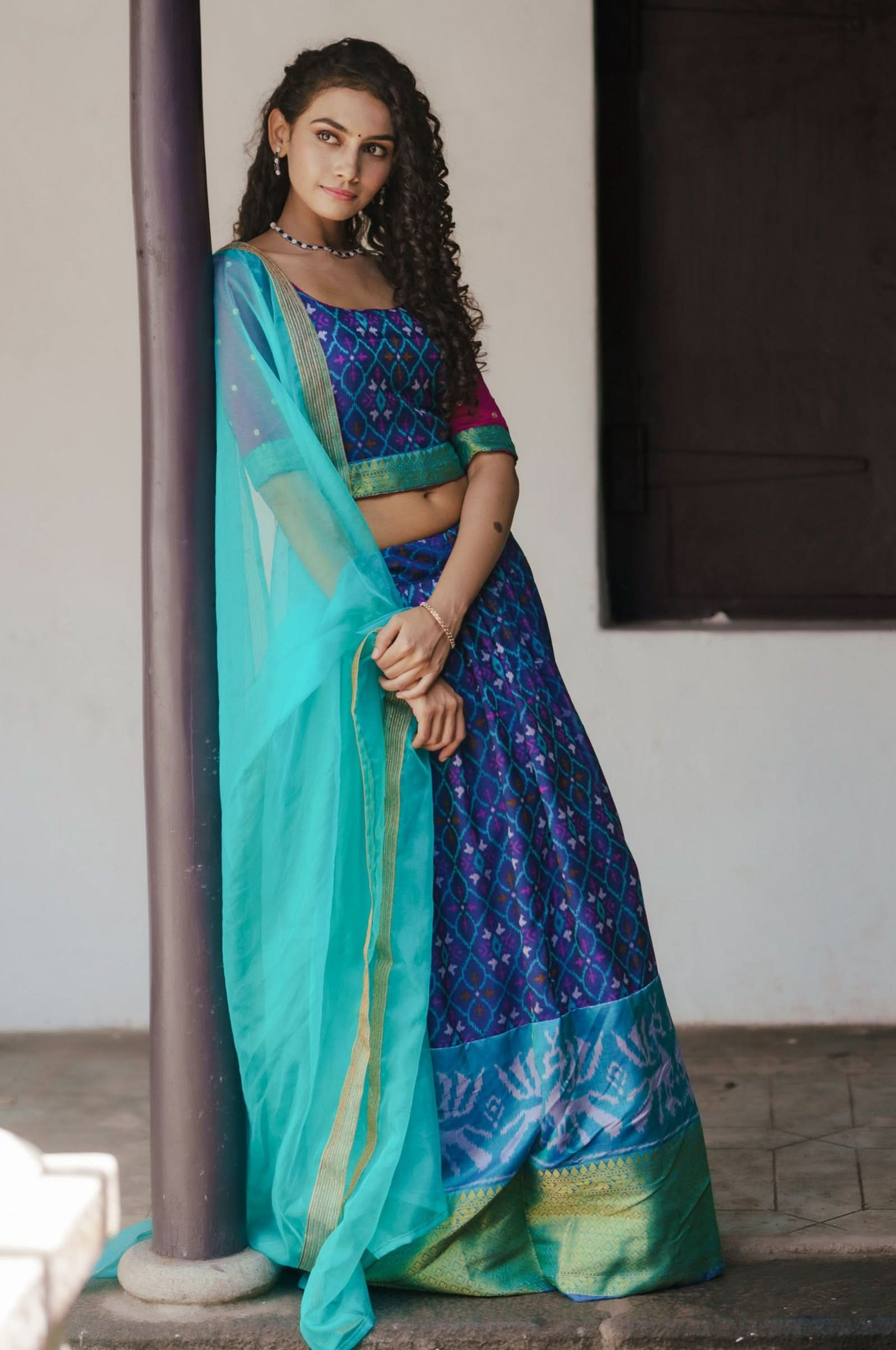 Shades of Blue Ikkat Print 3 PIece Crop Top with Skirt and Dupatta Set in Art Silk | Made To Order