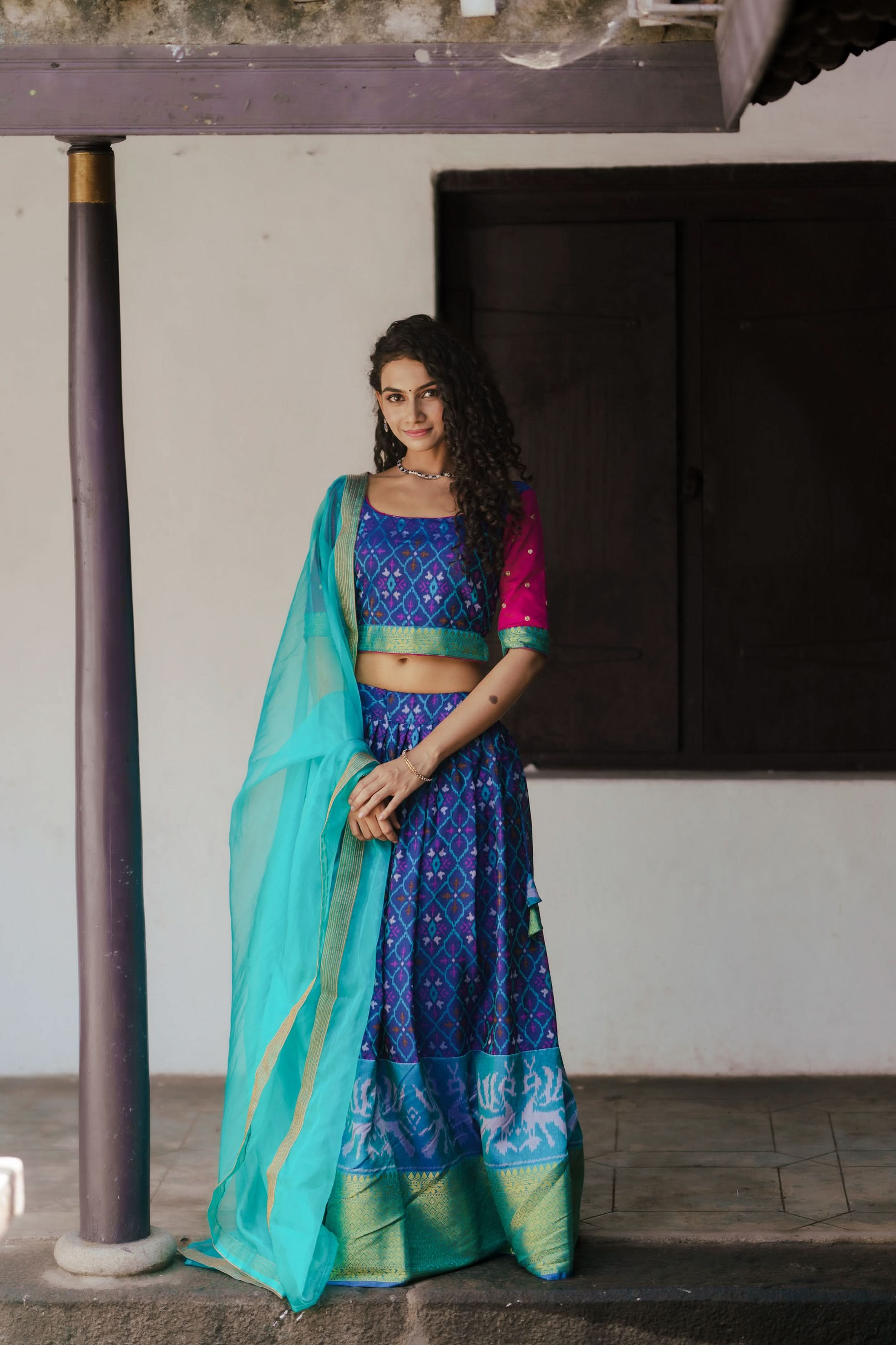 Shades of Blue Ikkat Print 3 PIece Crop Top with Skirt and Dupatta Set in Art Silk | Made To Order