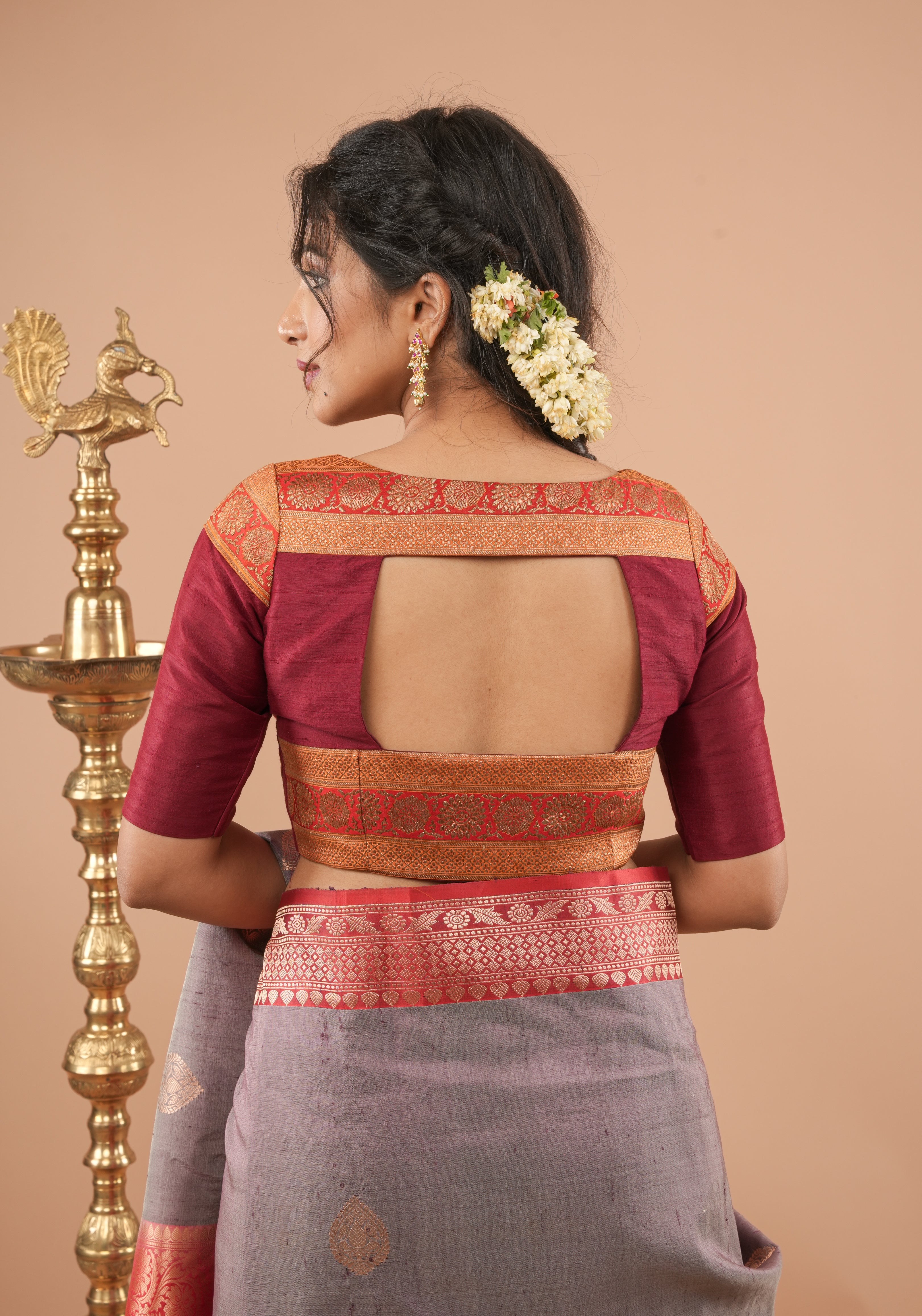 Maroon Pure Raw Silk Blouse With Antique Tone Zari Panel, Customizable, Made to Order