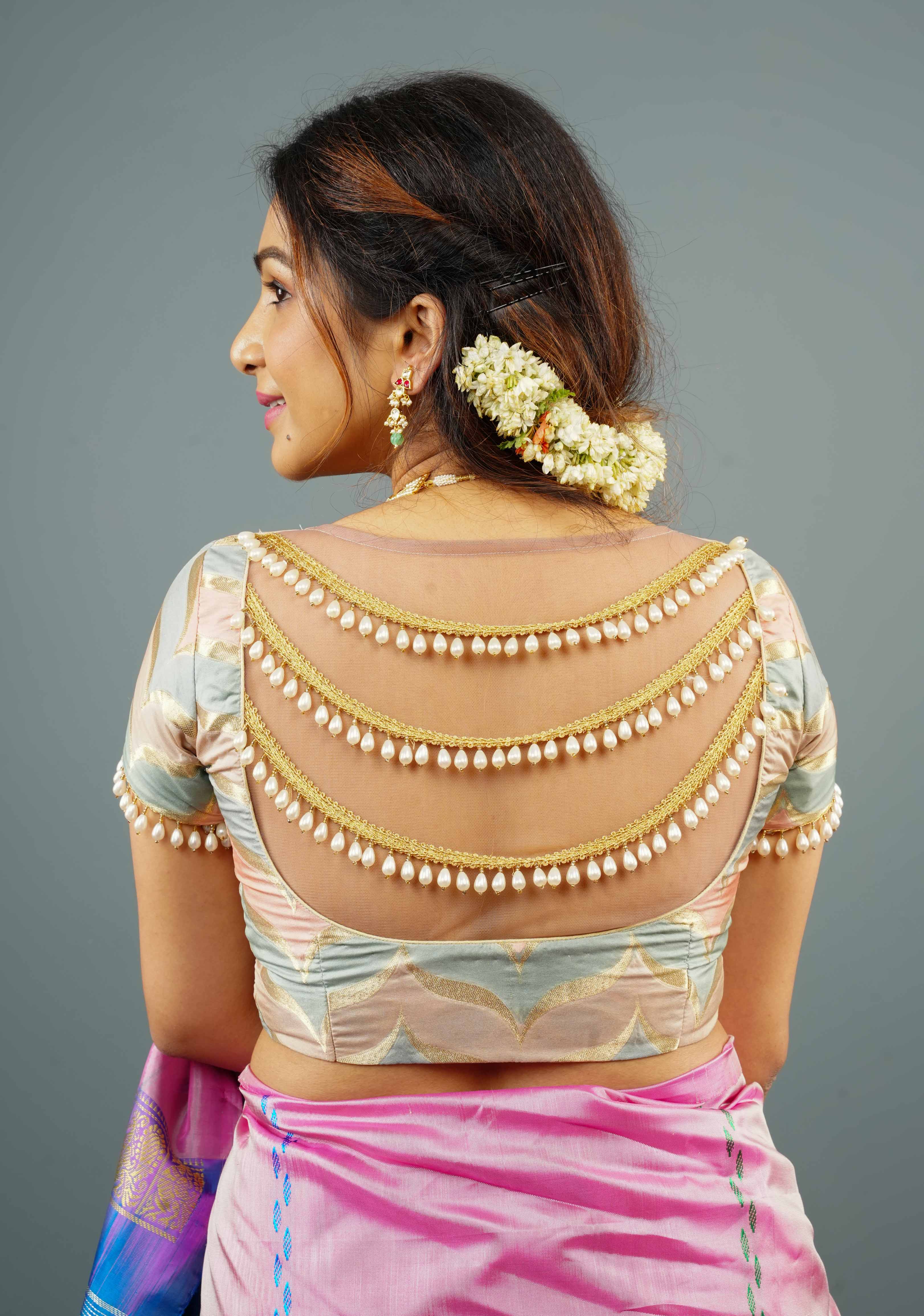 Banarasi Blouse in Gray Pink rangkaat designin pastel hues with beaded back detailing, Customizable, Made to Order