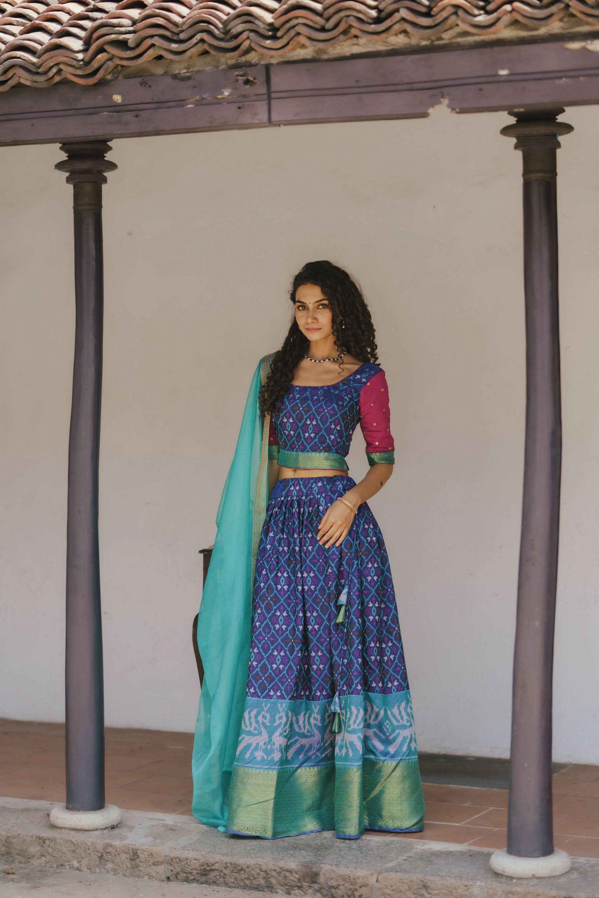 Shades of Blue Ikkat Print 3 PIece Crop Top with Skirt and Dupatta Set in Art Silk | Made To Order