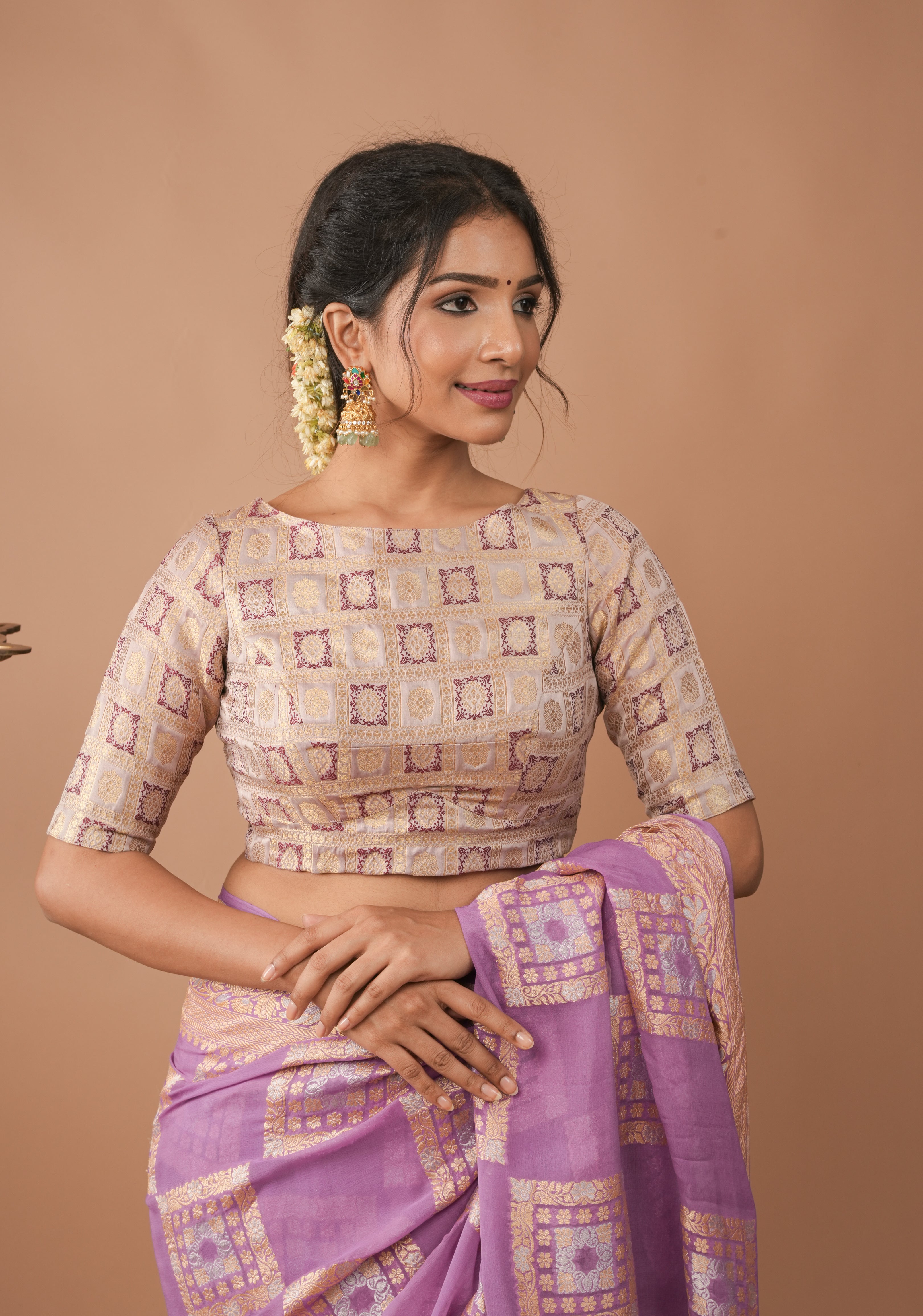 Lilac Patola Banarasi Brocade Blouse with Boat Neck and Back Step Neck, Customizable, Made to Order