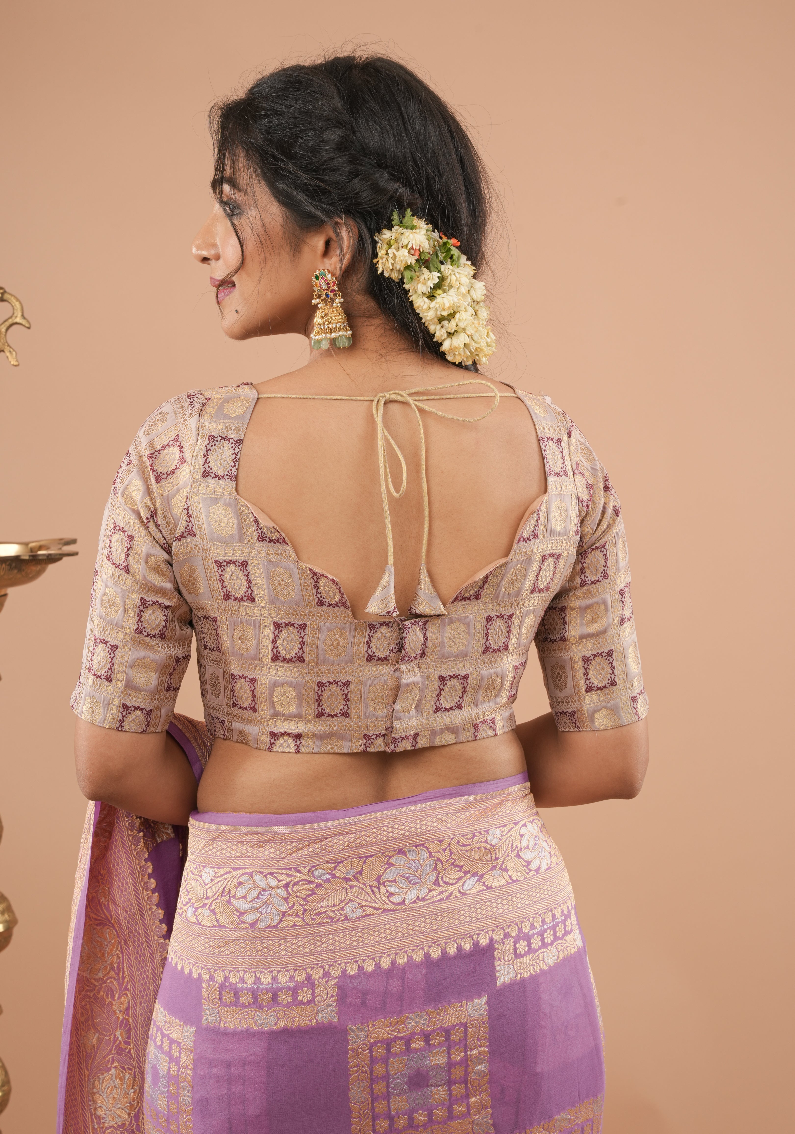 Lilac Patola Banarasi Brocade Blouse with Boat Neck and Back Step Neck, Customizable, Made to Order