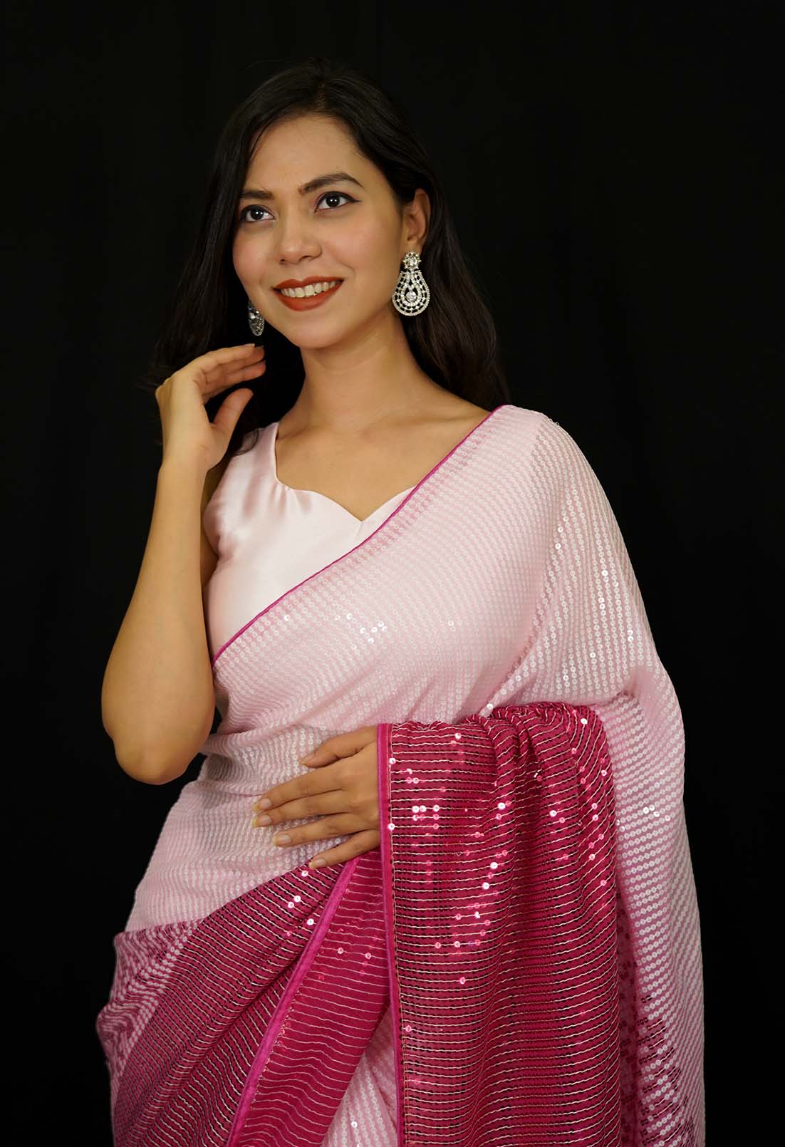 Stylish Pink Sweet Neck Satin Padded Blouse