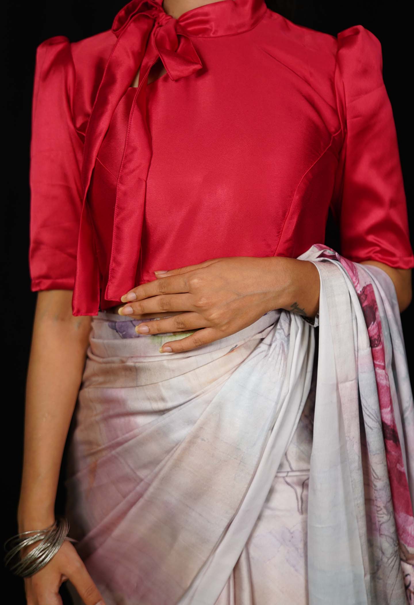 Pink Satin Designer Blouse with Designer Collar With Puff Sleeve & Princess Cut Detailed