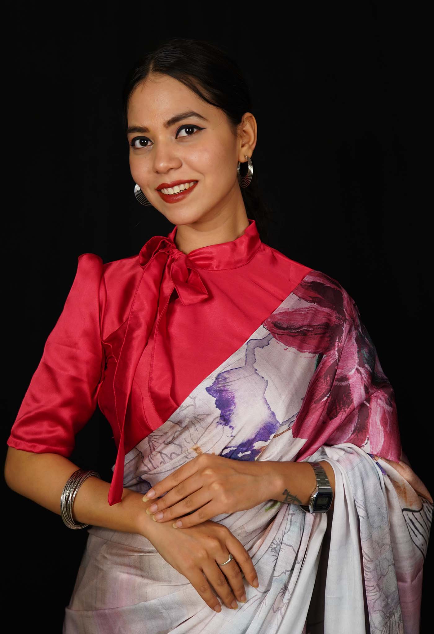 Pink Satin Designer Blouse with Designer Collar With Puff Sleeve & Princess Cut Detailed