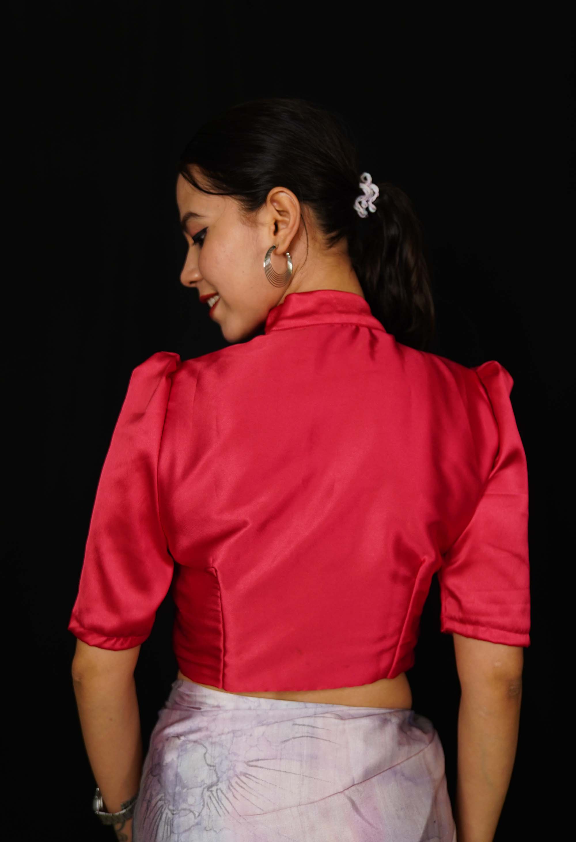 Pink Satin Designer Blouse with Designer Collar With Puff Sleeve & Princess Cut Detailed