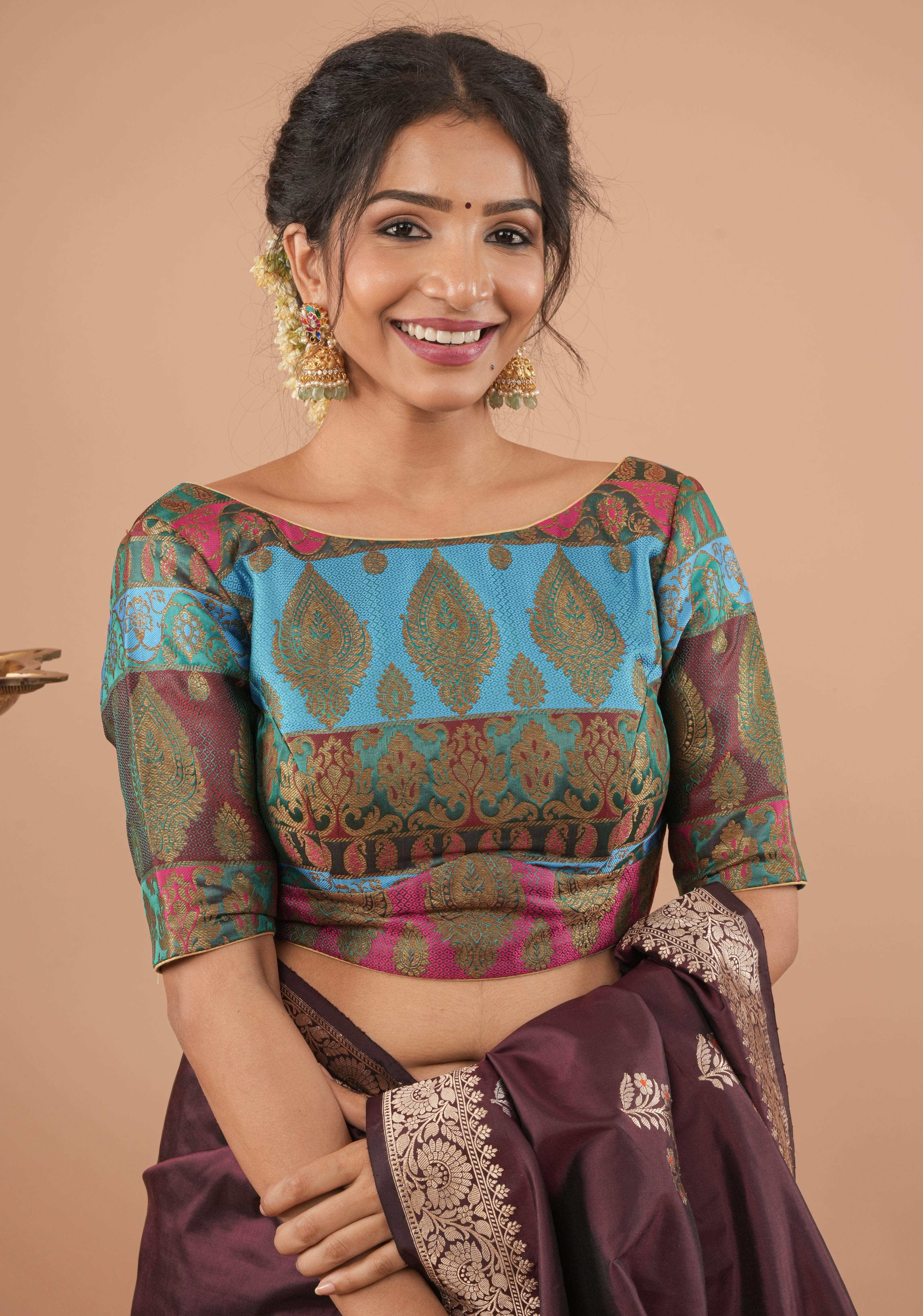 Banarasi multicolor Boat Neck Antique zari brocade Blouse | Made To Order