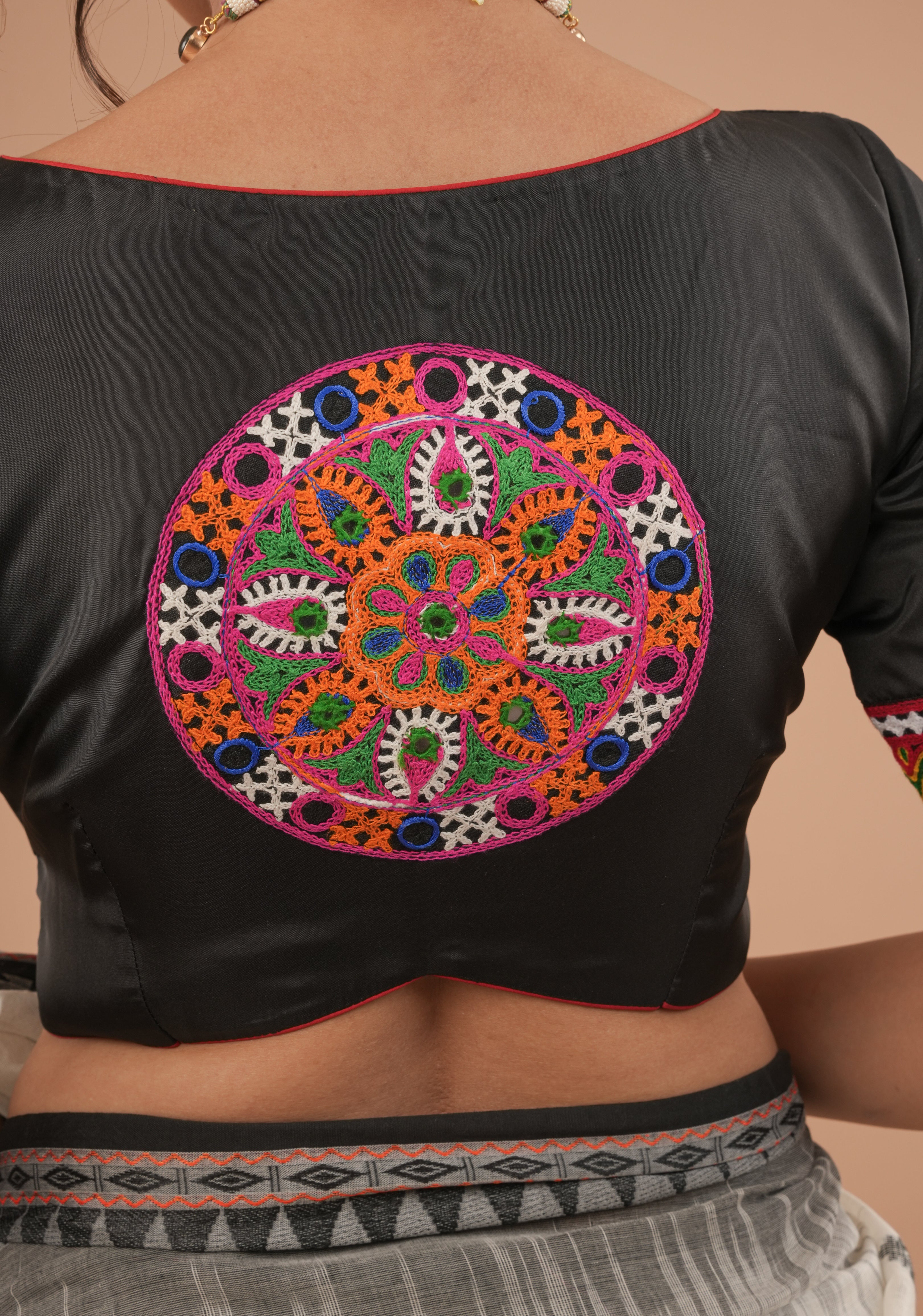 Made To Order: Black Mandala Embroidery blouse with Elbow Sleeve