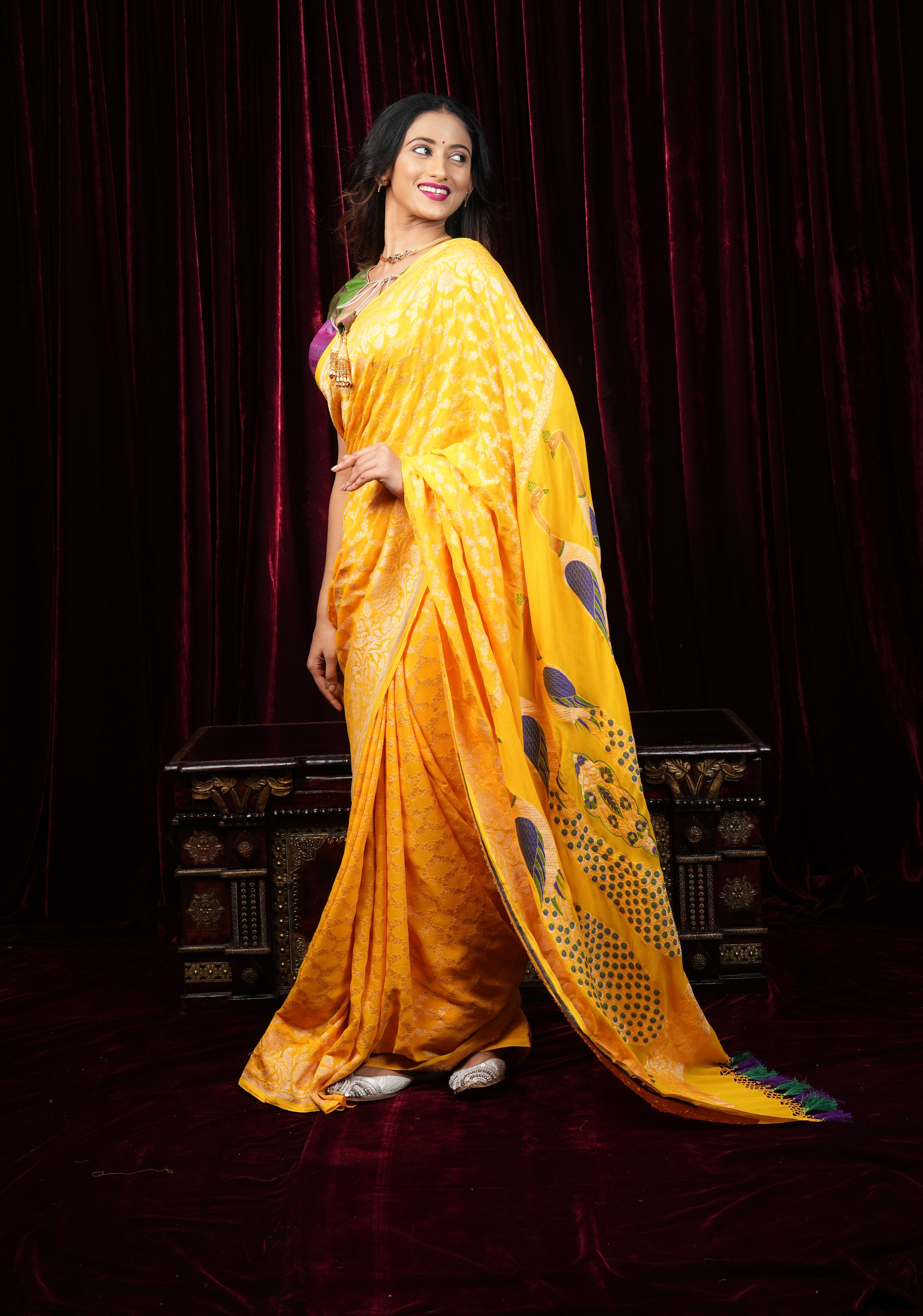 Yellow Banarasi Silk Georgette Saree with Jaal Zari and Resplendent Peacock Meenakari Pallu | SILK MARK CERTIFIED