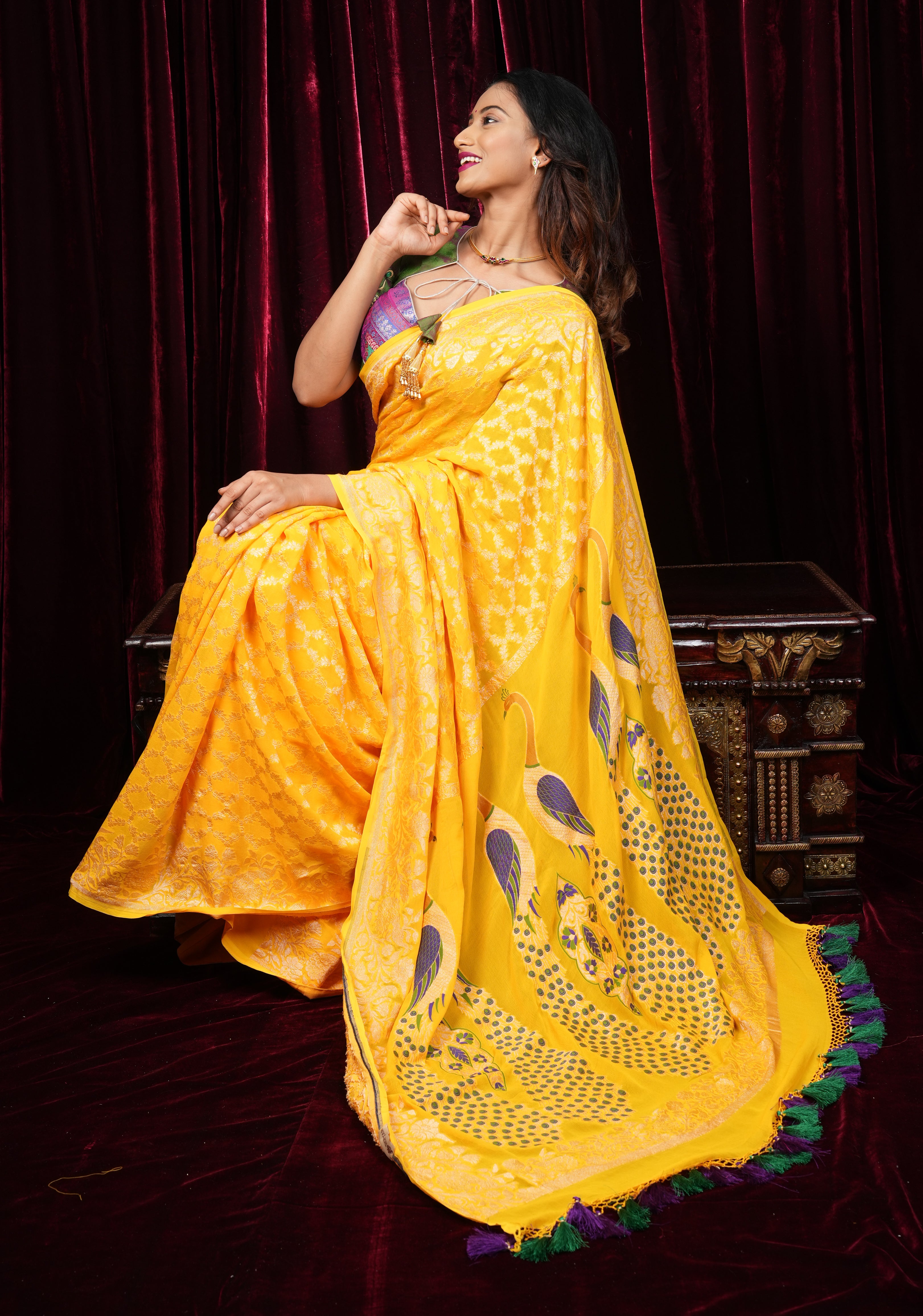 Yellow Banarasi Silk Georgette Saree with Jaal Zari and Resplendent Peacock Meenakari Pallu | SILK MARK CERTIFIED