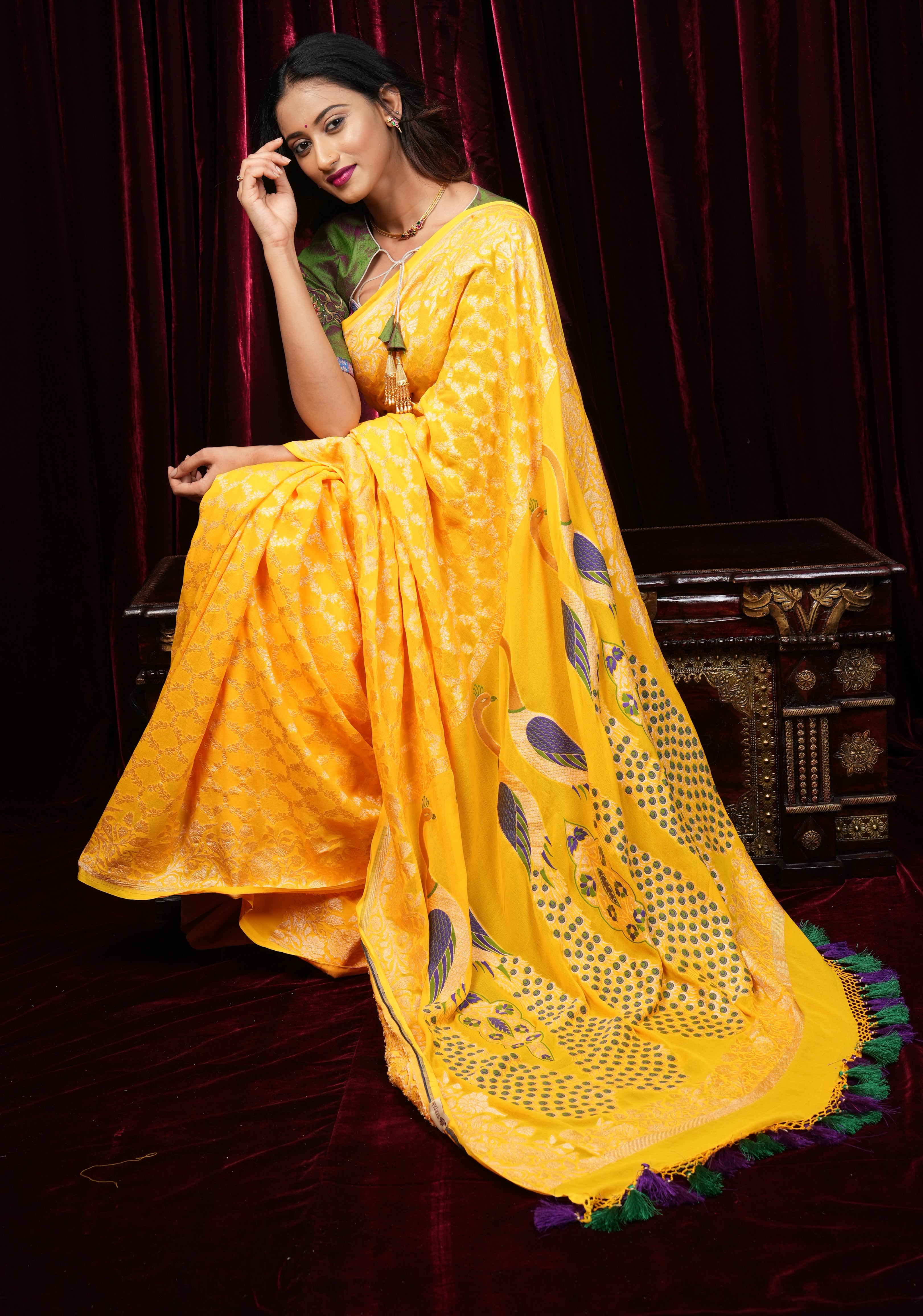 Yellow Banarasi Silk Georgette Saree with Jaal Zari and Resplendent Peacock Meenakari Pallu | SILK MARK CERTIFIED