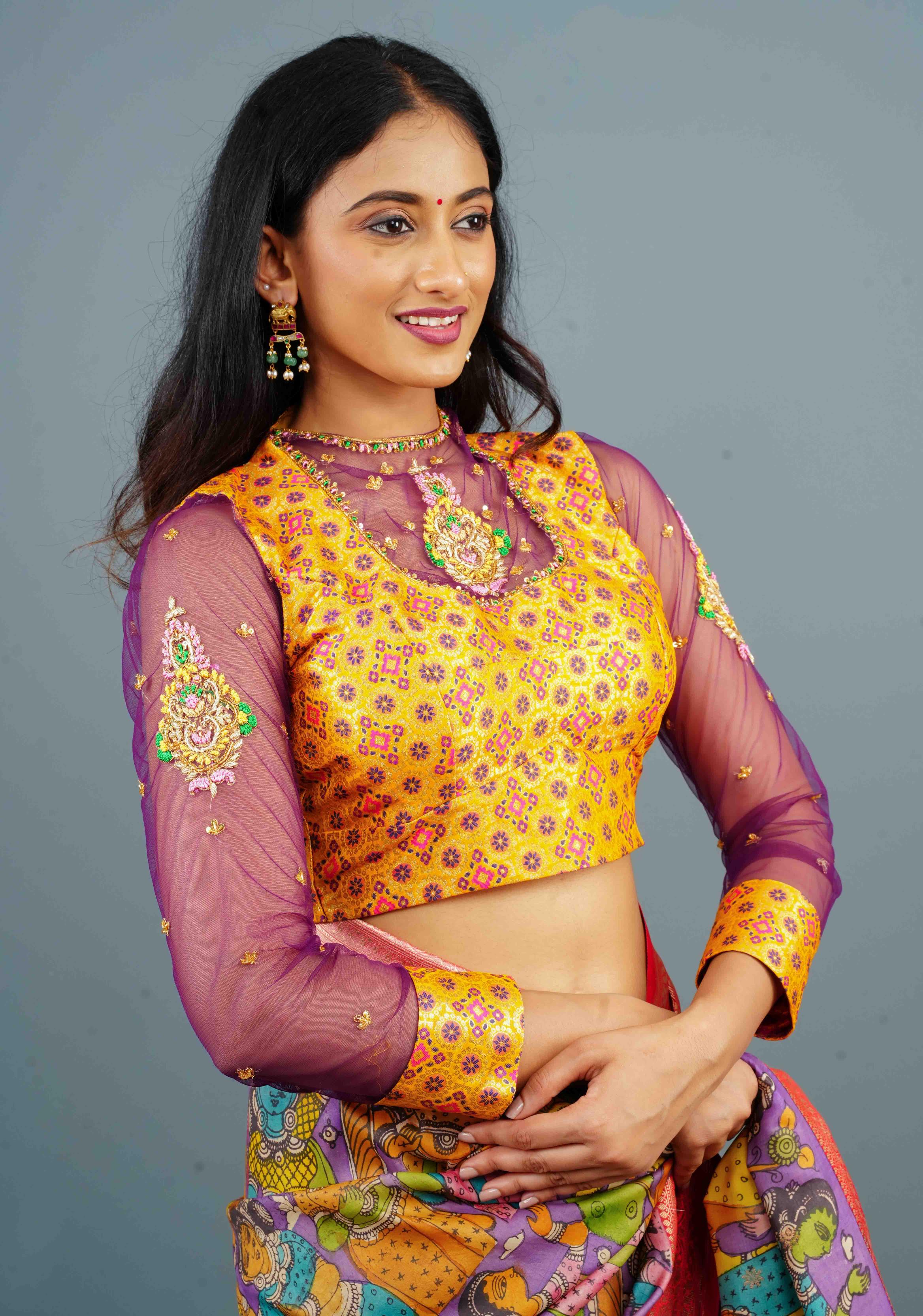 Kanthi Design Banarasi Pataola Brocade Blouse with Handwork and Net in sleeves and back, Made to Order