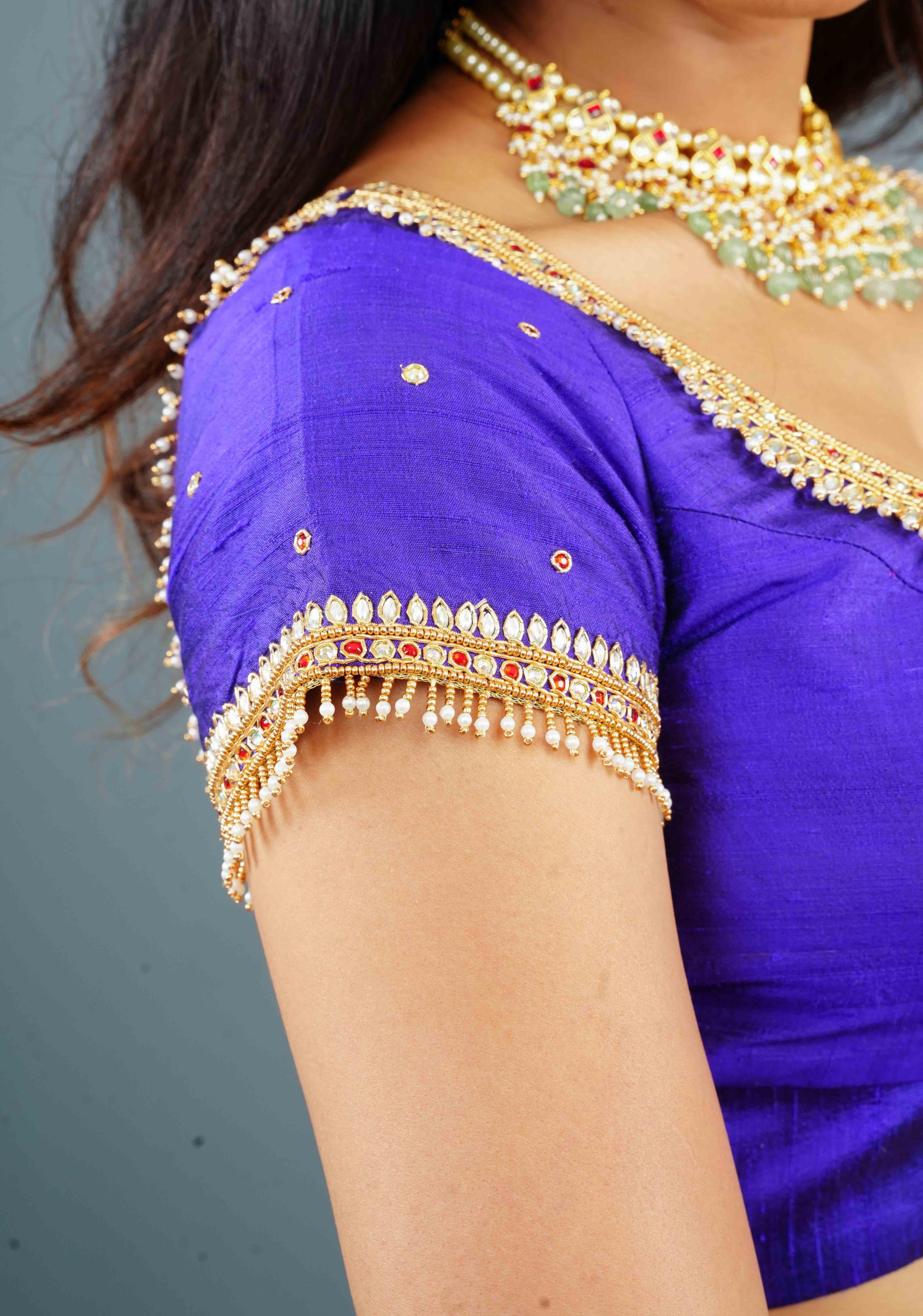 Purple Pure Raw Silk blouse with Kundan Detailing and Maggam Work, Customizable, Made to Order