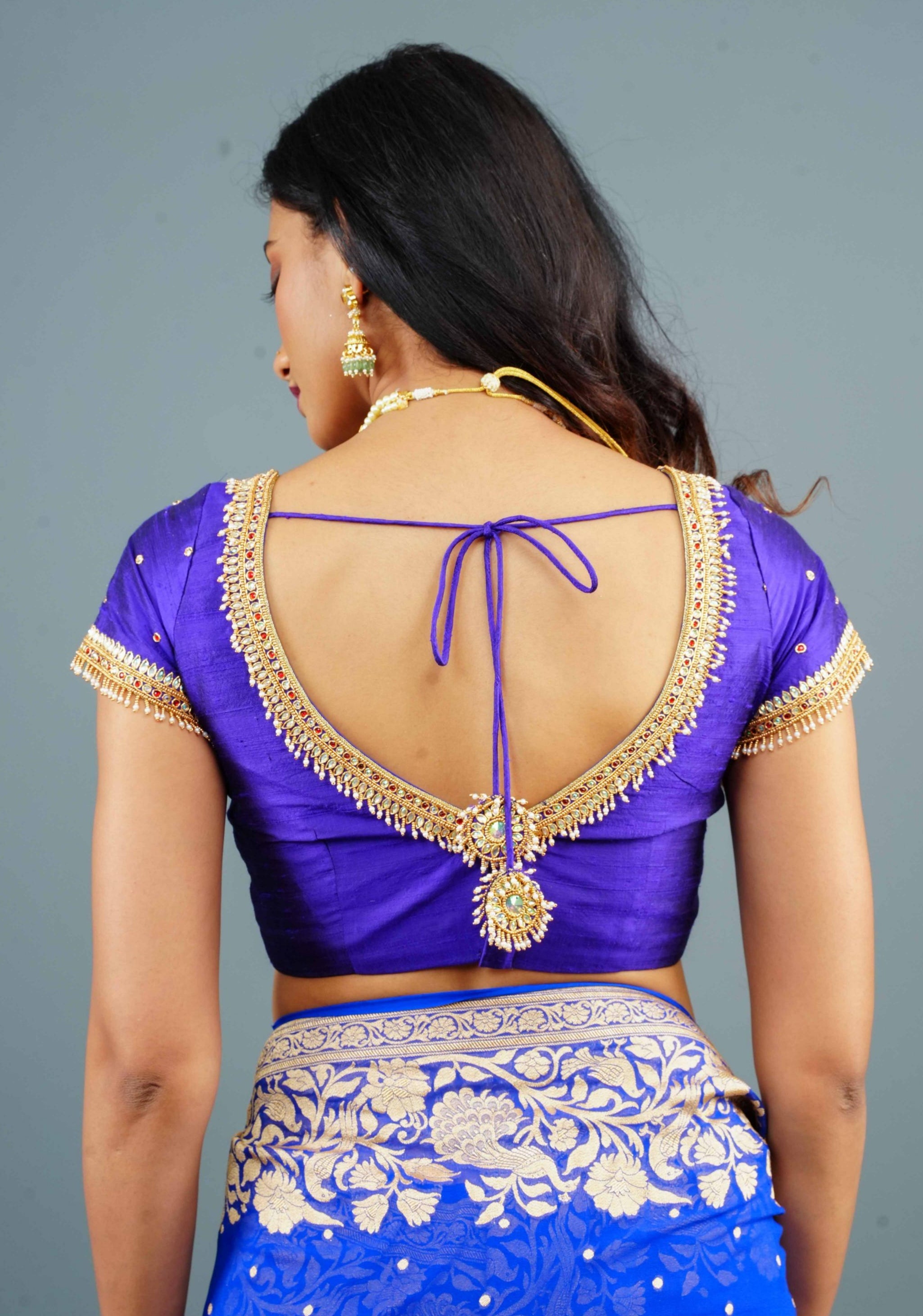 Purple Pure Raw Silk blouse with Kundan Detailing and Maggam Work, Customizable, Made to Order