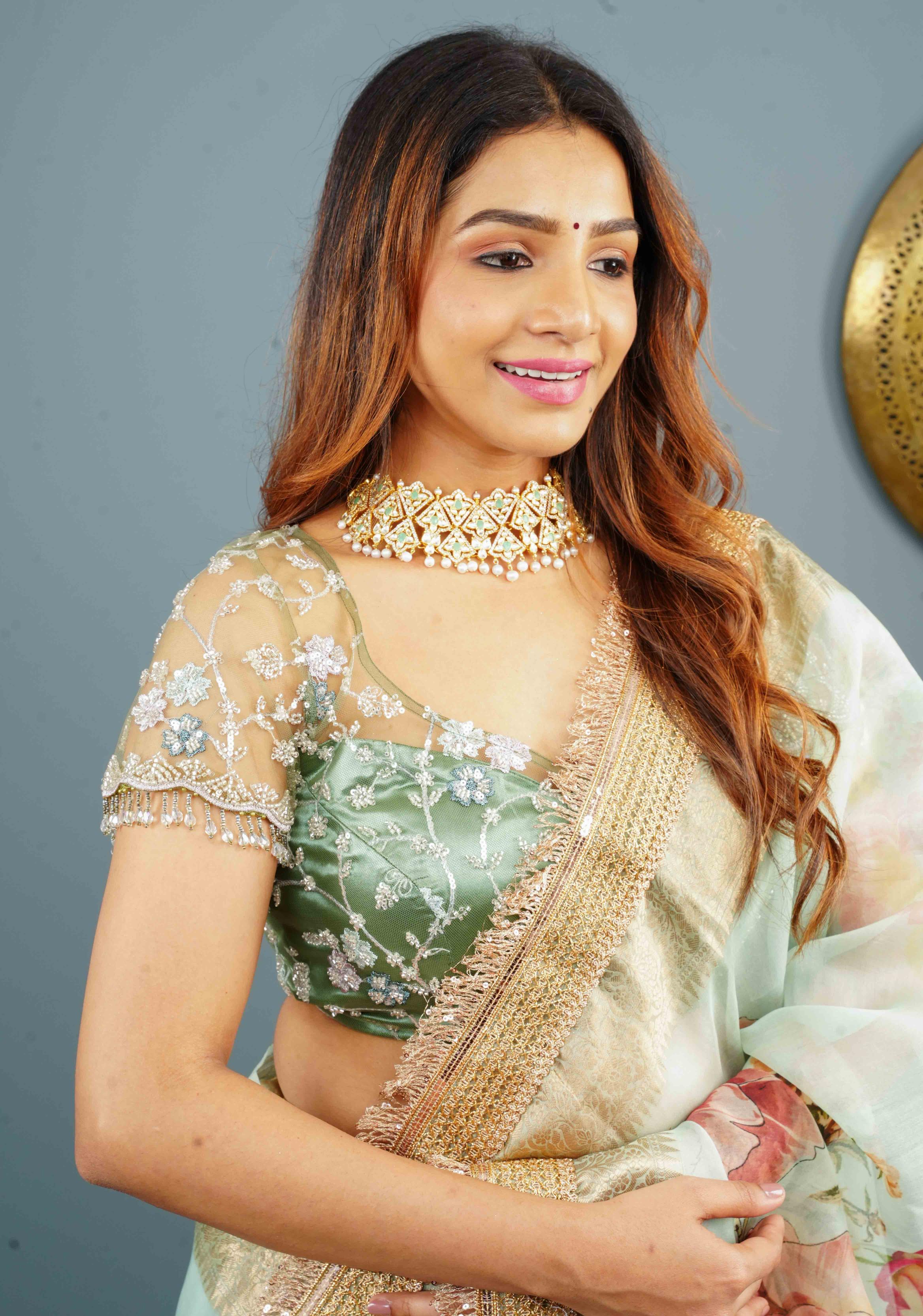 Sage Green Layered Look Net blouse with Floral sequins Jaal embroidery and Dangling Beads, Customizable, Made to Order