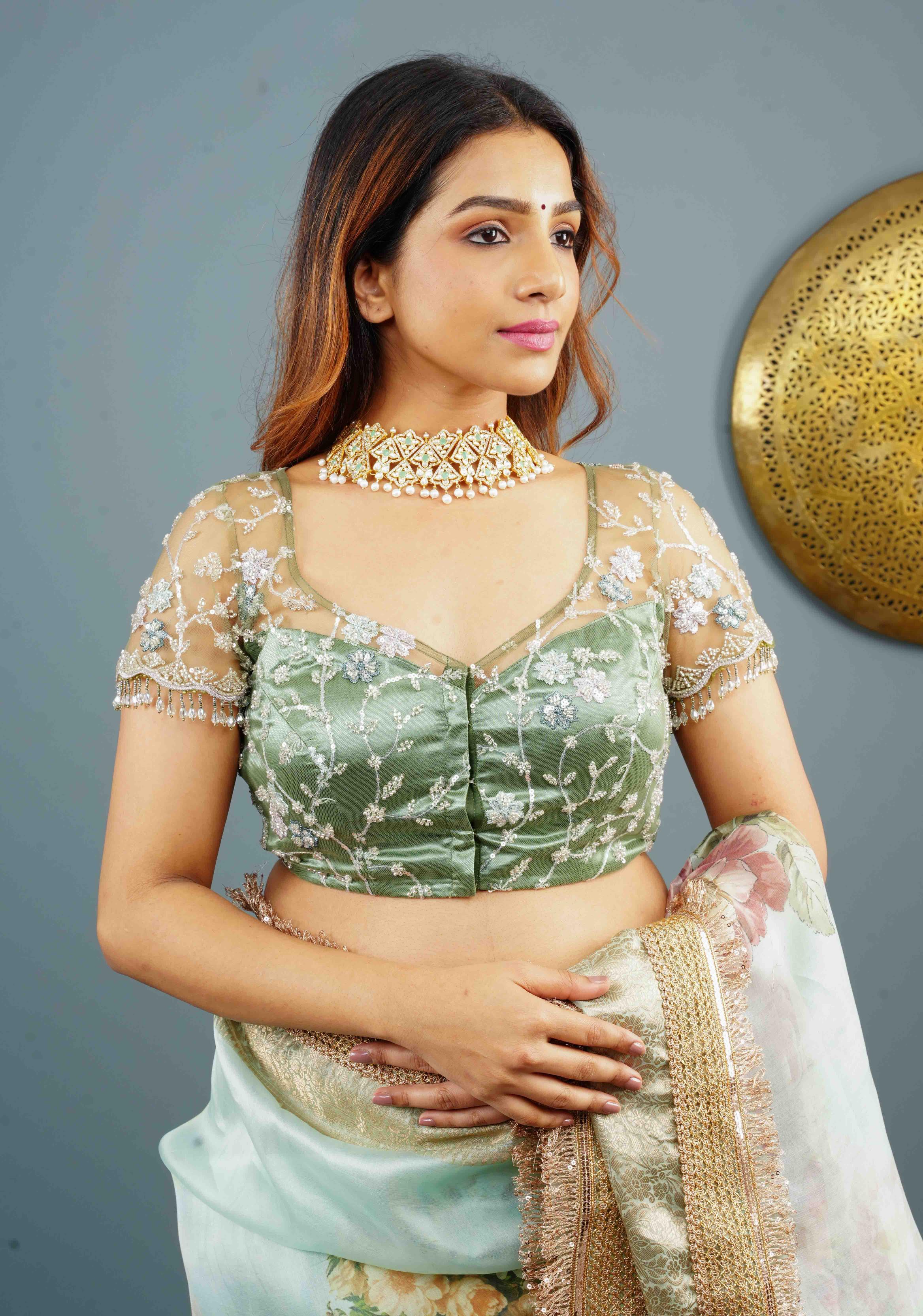 Sage Green Layered Look Net blouse with Floral sequins Jaal embroidery and Dangling Beads, Customizable, Made to Order