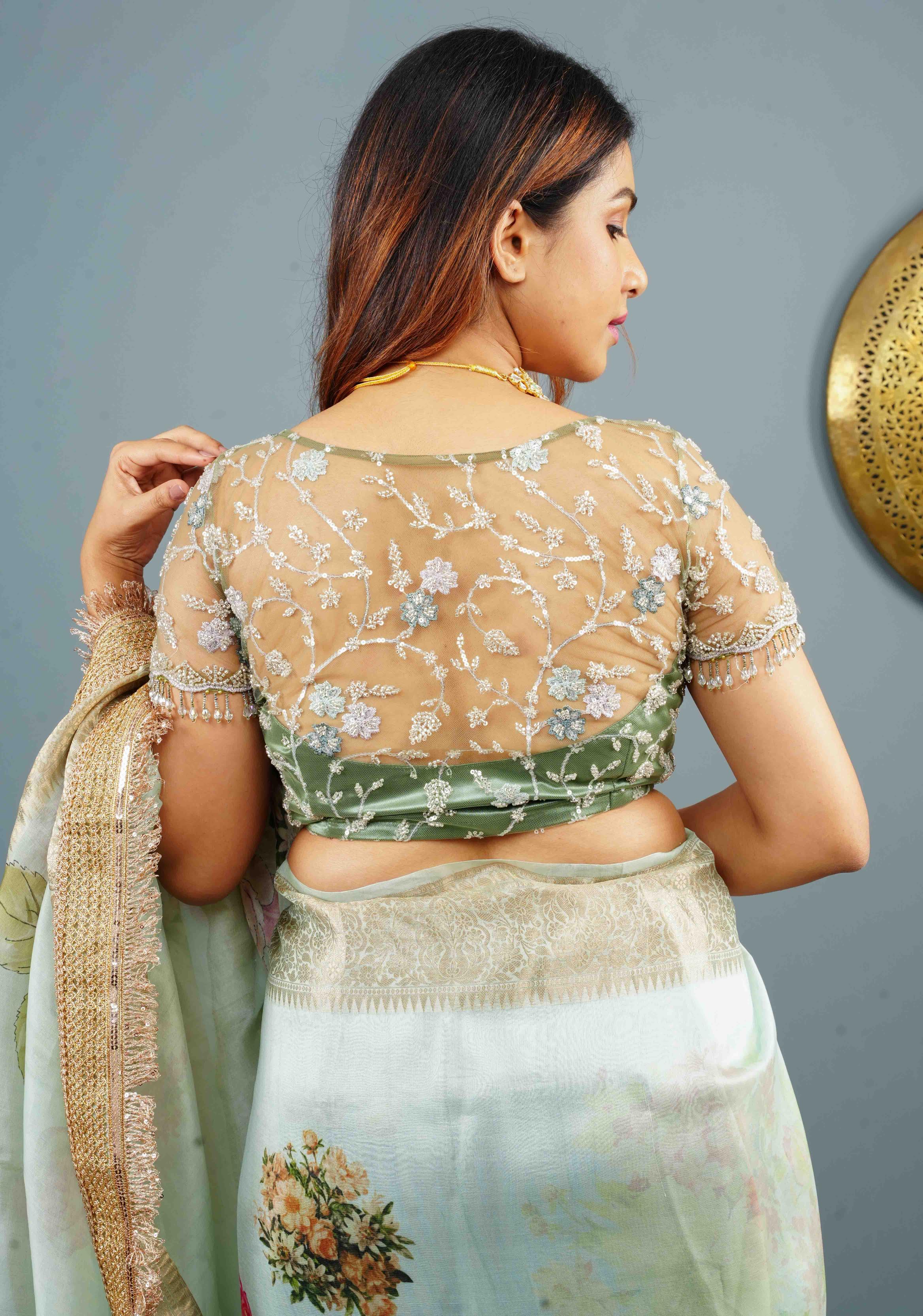 Sage Green Layered Look Net blouse with Floral sequins Jaal embroidery and Dangling Beads, Customizable, Made to Order