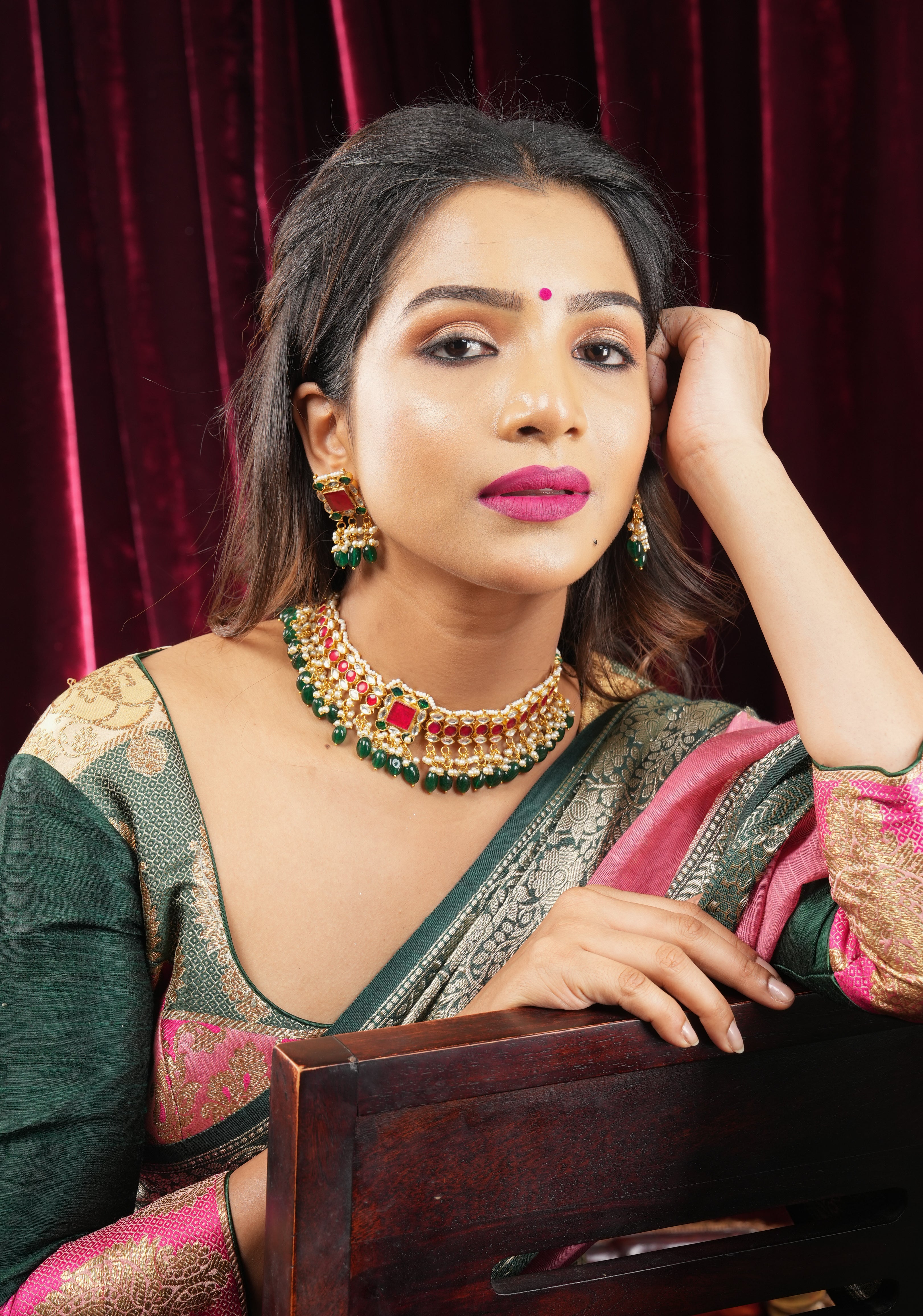 Ahmedabadi Antique Finish Jadau Handcrafted Choker set with dangling Green Beads and Pearls