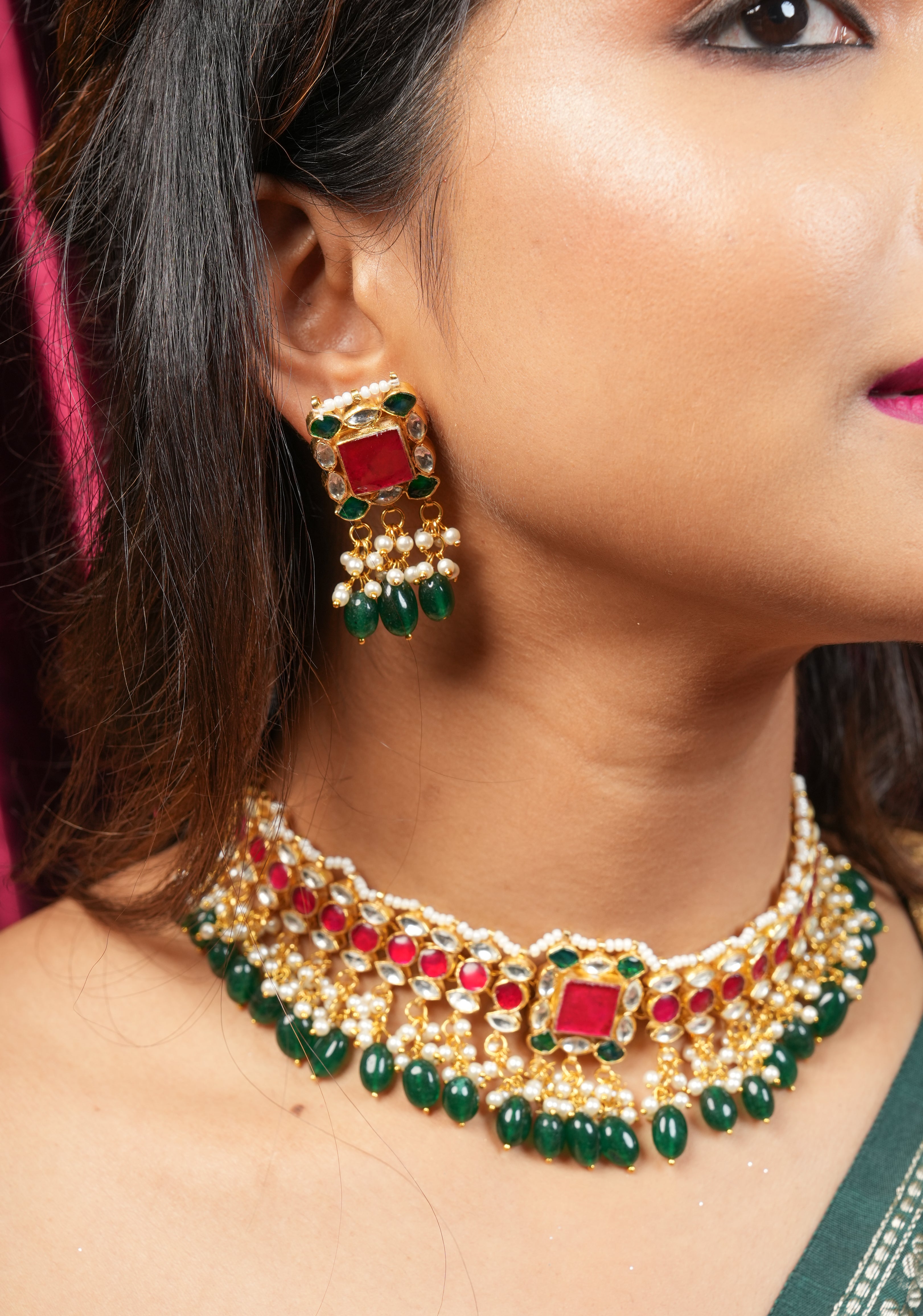 Ahmedabadi Antique Finish Jadau Handcrafted Choker set with dangling Green Beads and Pearls