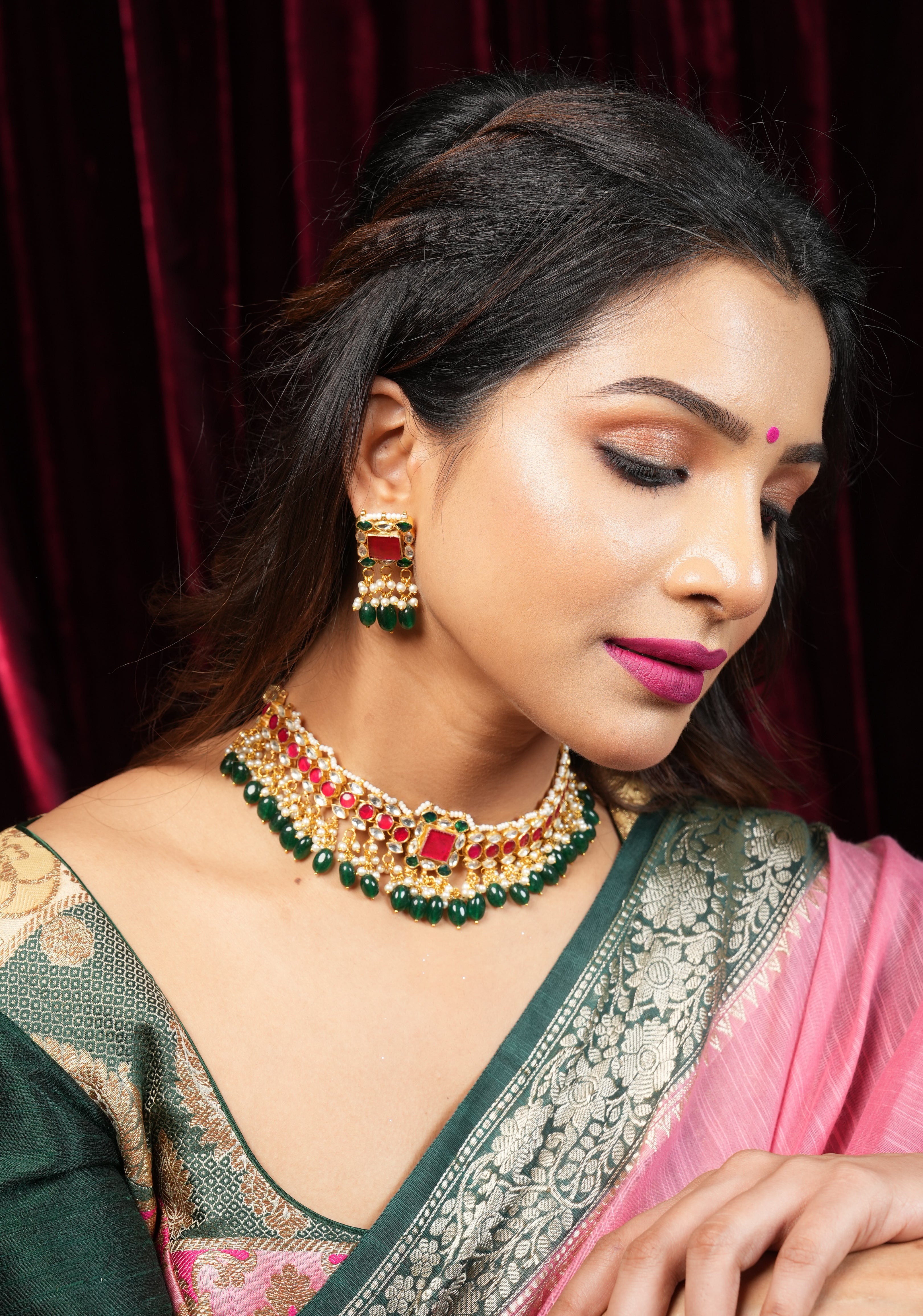 Ahmedabadi Antique Finish Jadau Handcrafted Choker set with dangling Green Beads and Pearls