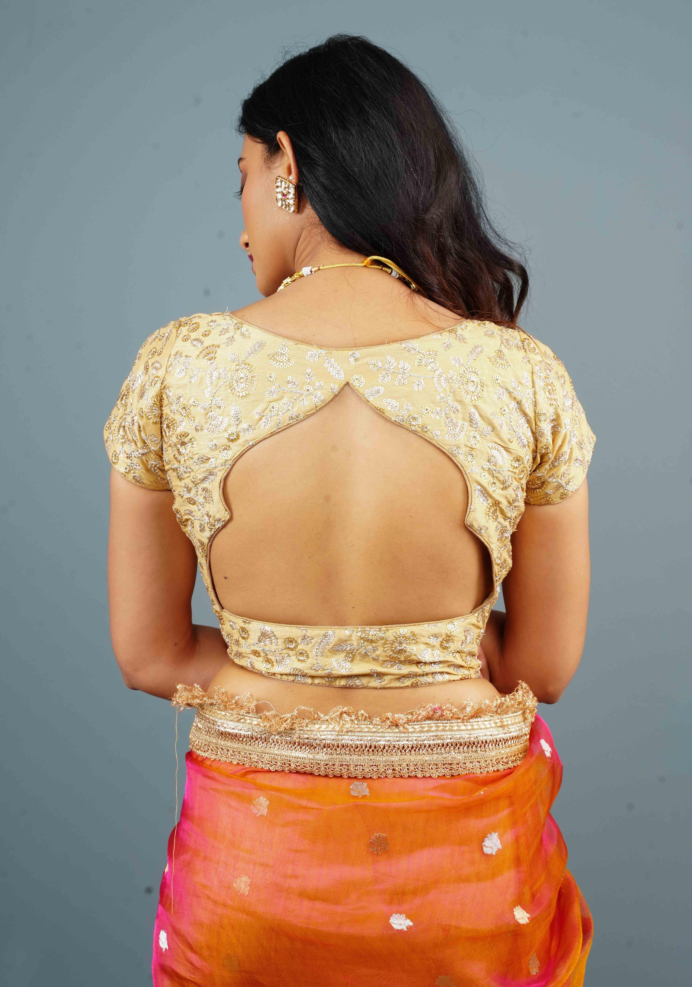 Beige Raw Silk Blouse with Sequins Embroidered Jaal Yoke and arch dome cutout, Customizable, Made to Order