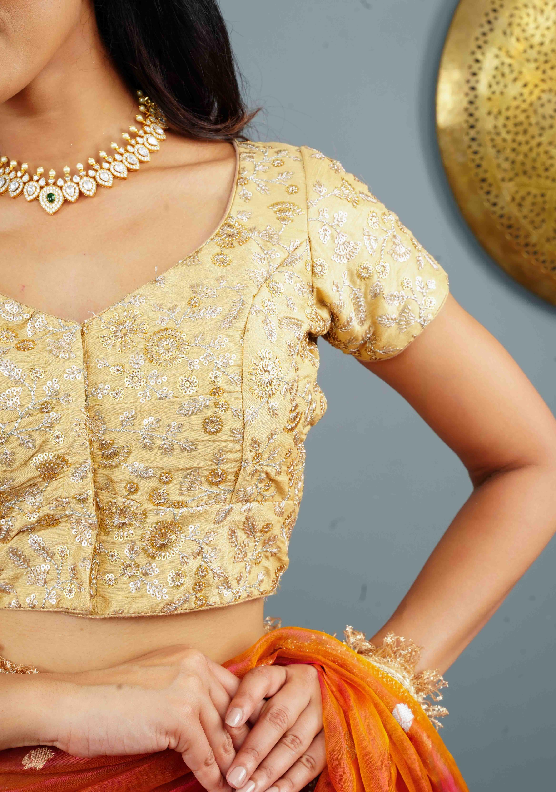 Beige Raw Silk Blouse with Sequins Embroidered Jaal Yoke and arch dome cutout, Customizable, Made to Order