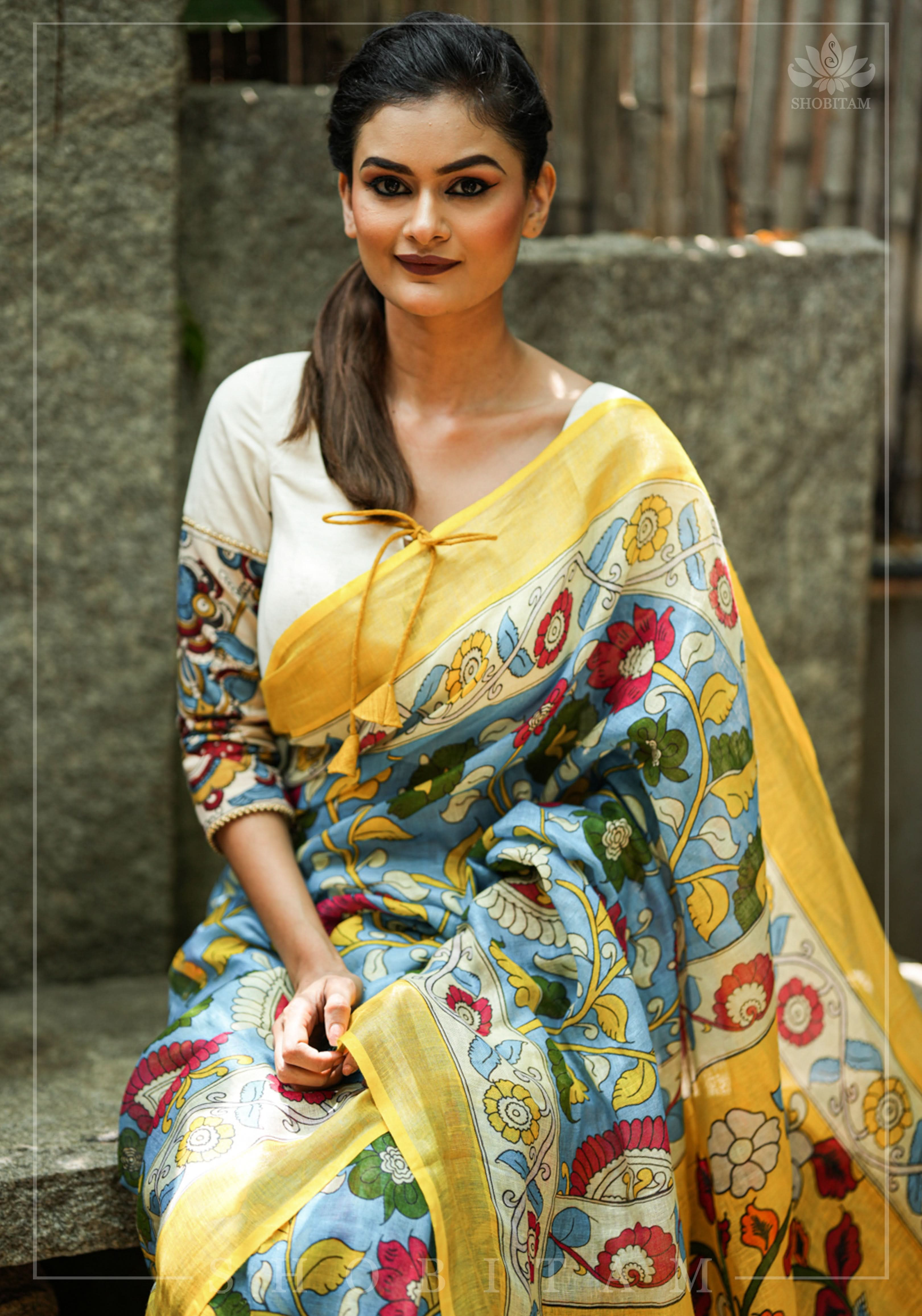 Blue Kalamkari Linen Saree with Digital Print | Shobitam Saree