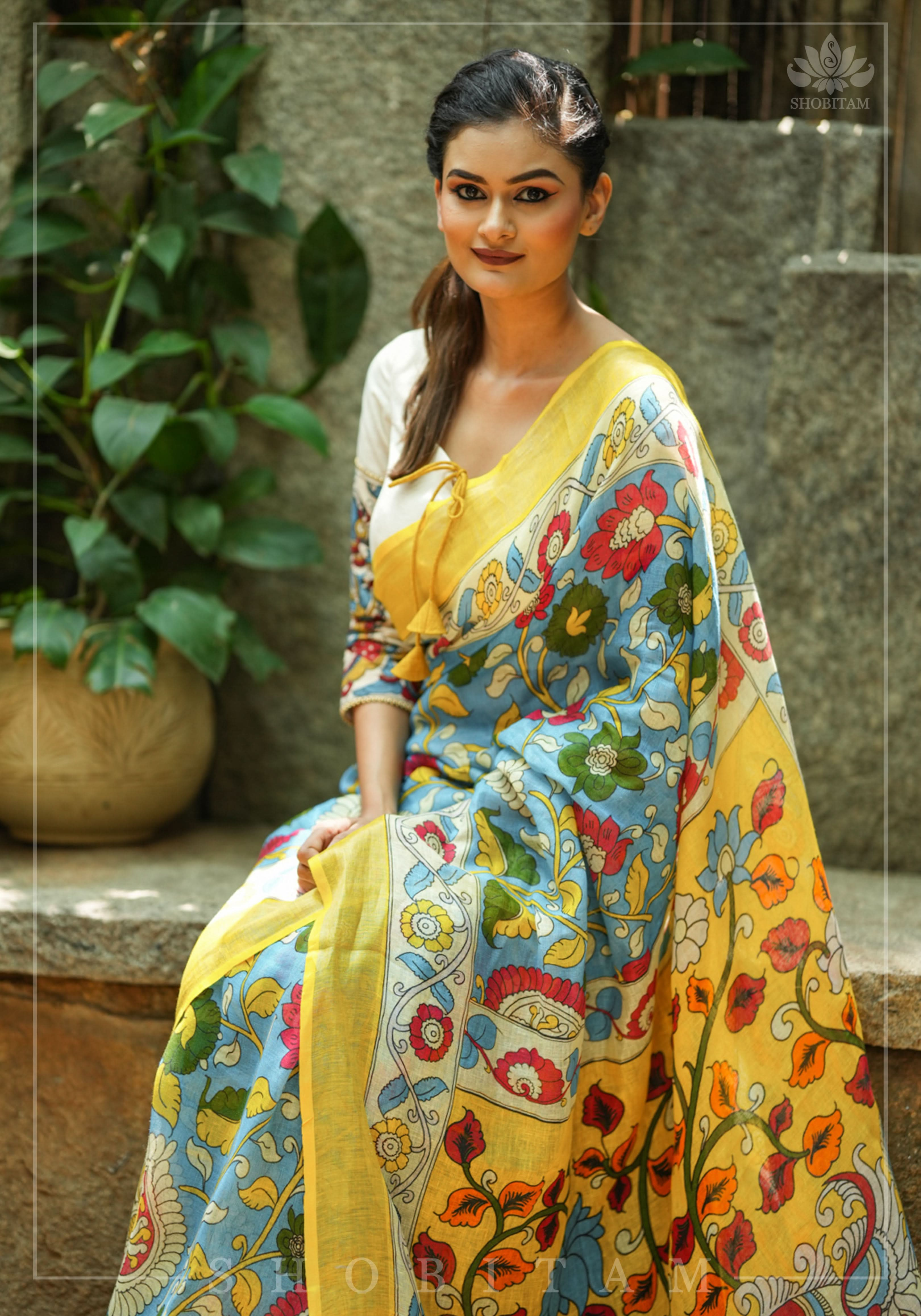 Blue Kalamkari Linen Saree with Digital Print | Shobitam Saree