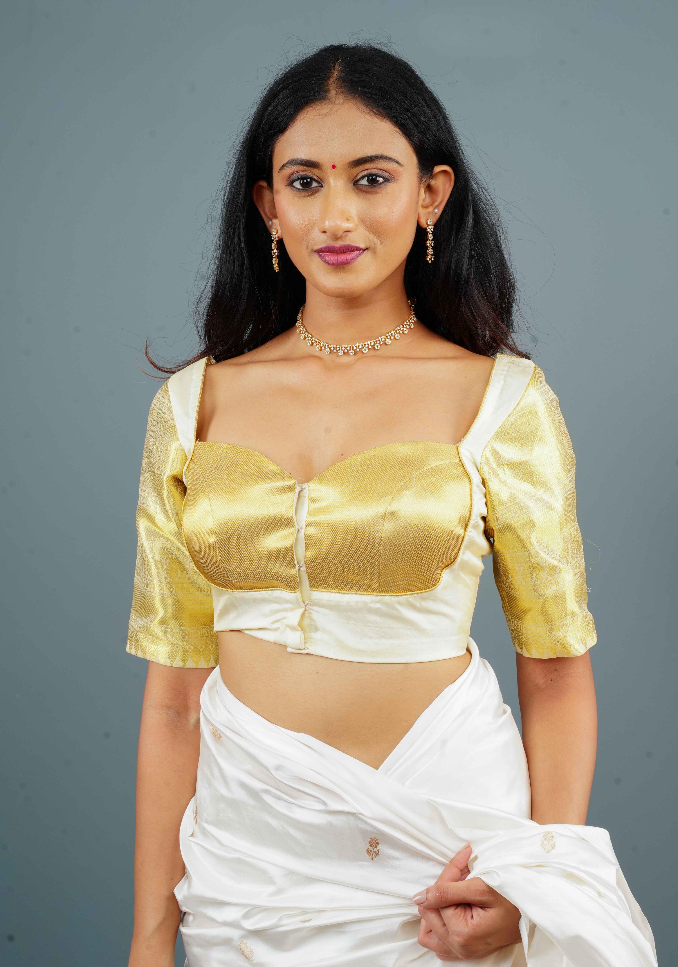 Off White Bustier Brocade with Kanjivaram Border Sleeves, Made to Order