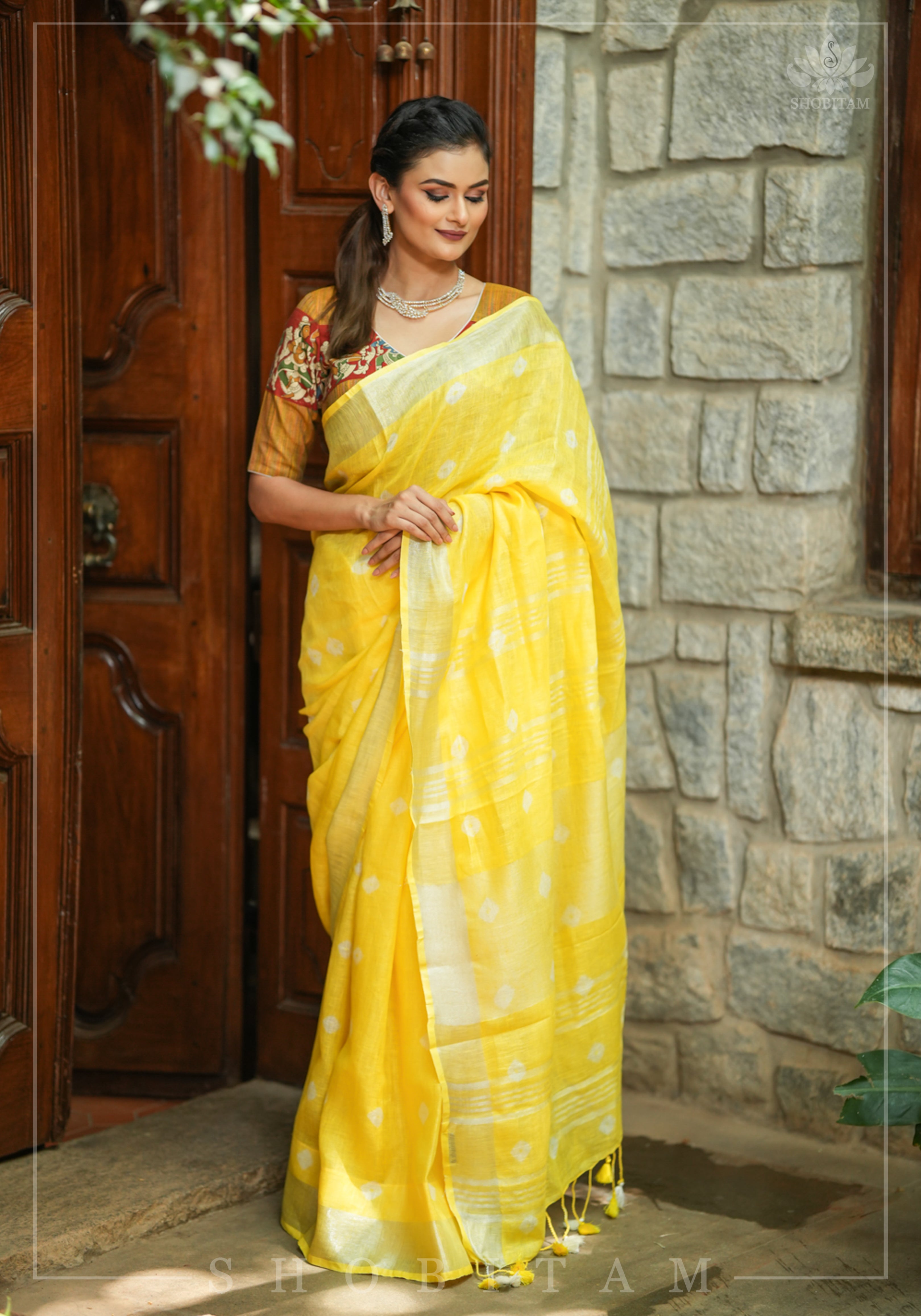 Authentic Bandini - Shibori on Pure Linen by Linen Saree with Zari Border in Sunflower Yellow