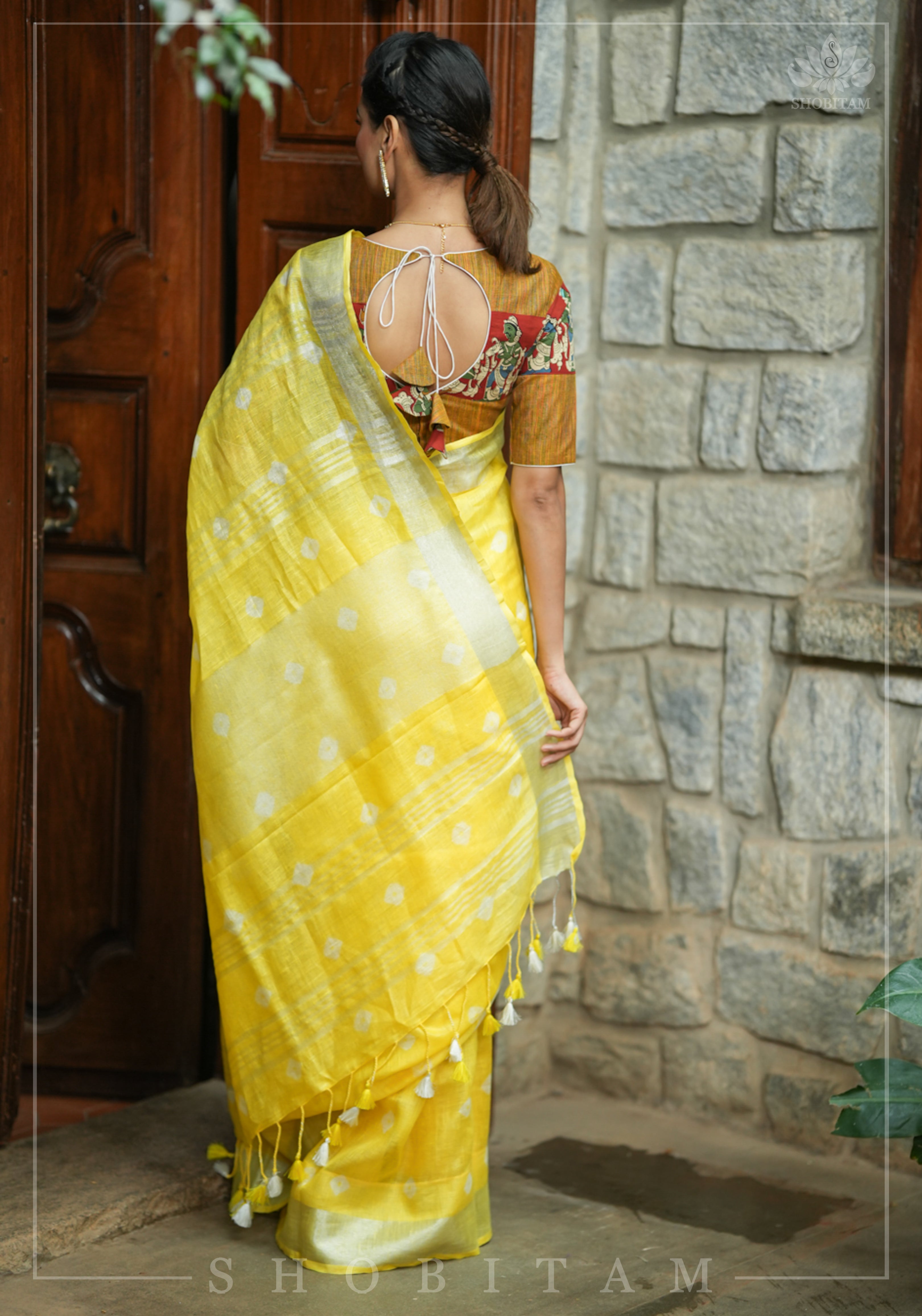 Authentic Bandini - Shibori on Pure Linen by Linen Saree with Zari Border in Sunflower Yellow