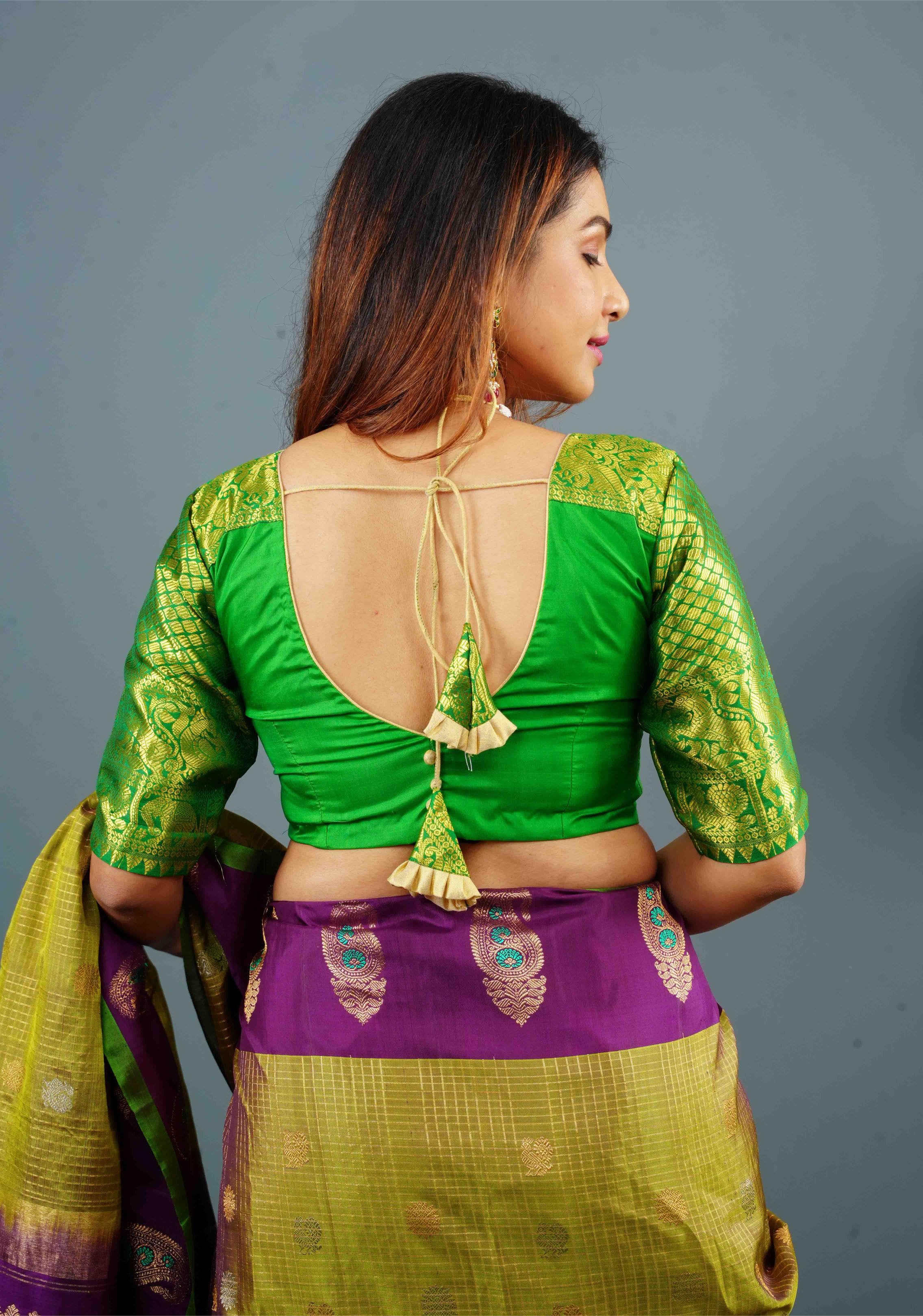 Green Pure Silk blouse with Zari Shoulder and Vanasingaram sleeve borders, Customizable, Made to Order