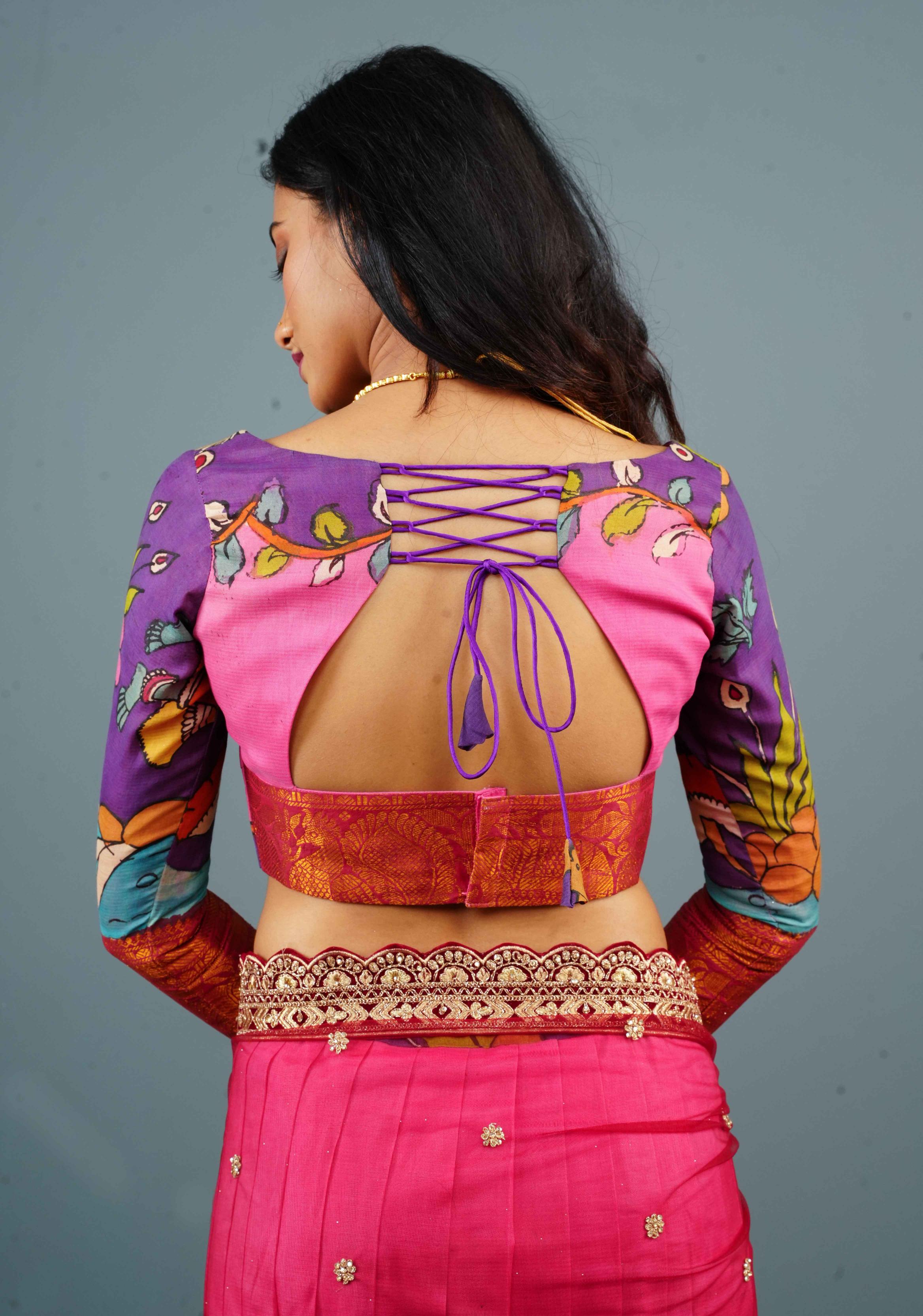 Purple and PInk Pure Pen Kalamkari with Wide Zari Border Full Sleeve Blouse on Chennuri Silk with below the elbow sleeves, Customizable, Made to Order