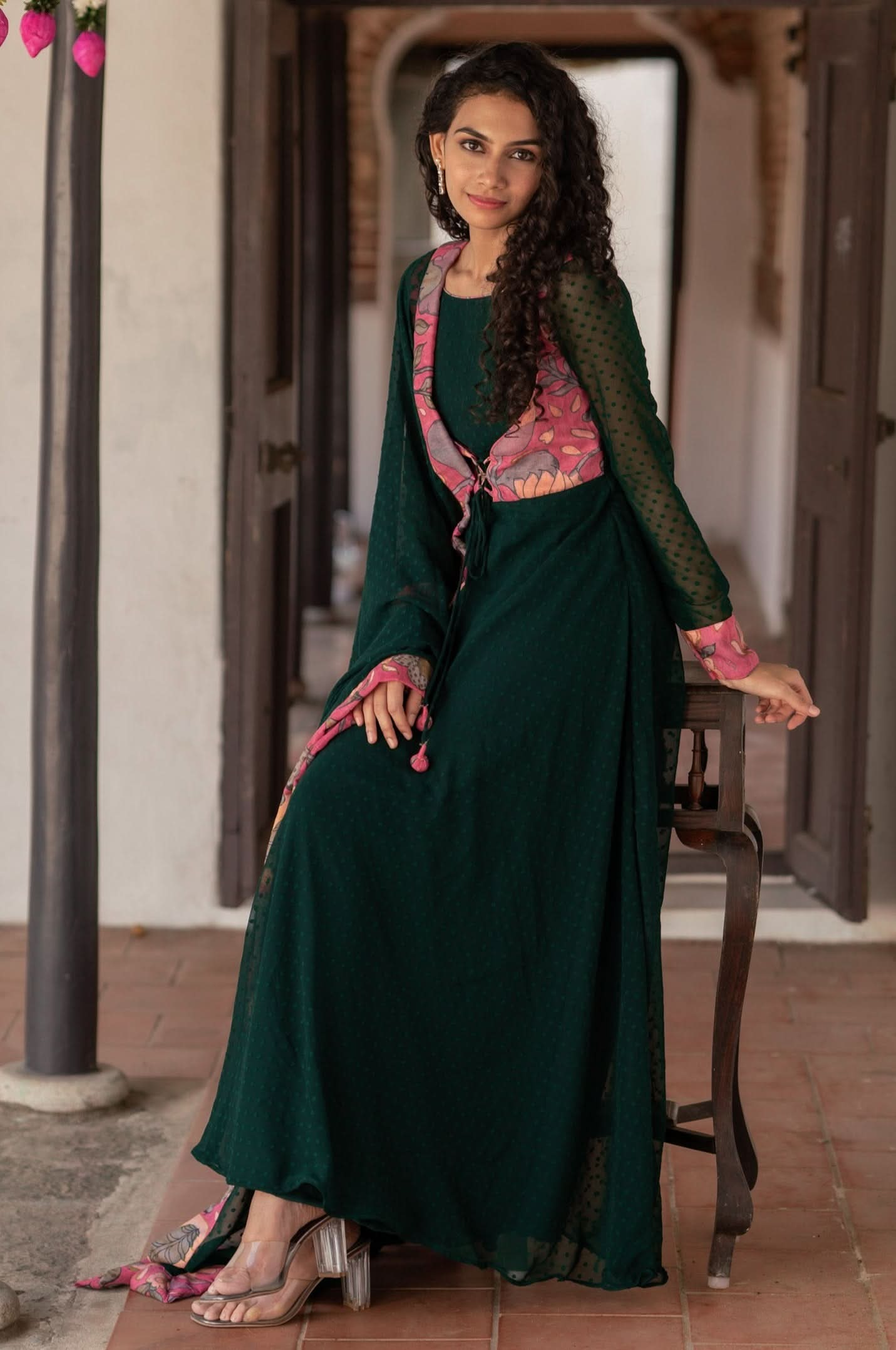 Deep Green and Pink Flared Kurti and Dupatta Set  | Made To Order