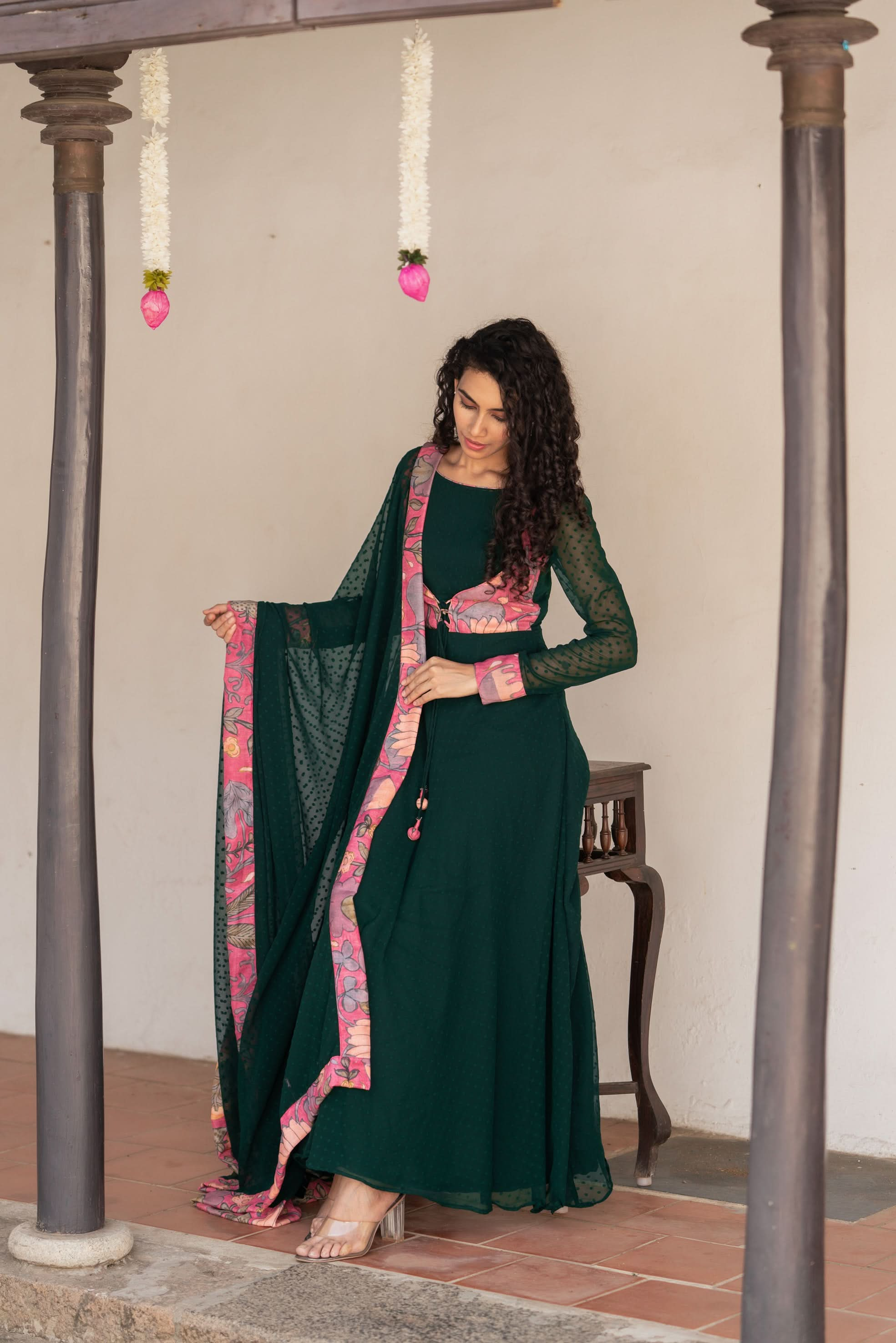 Deep Green and Pink Flared Kurti and Dupatta Set  | Made To Order