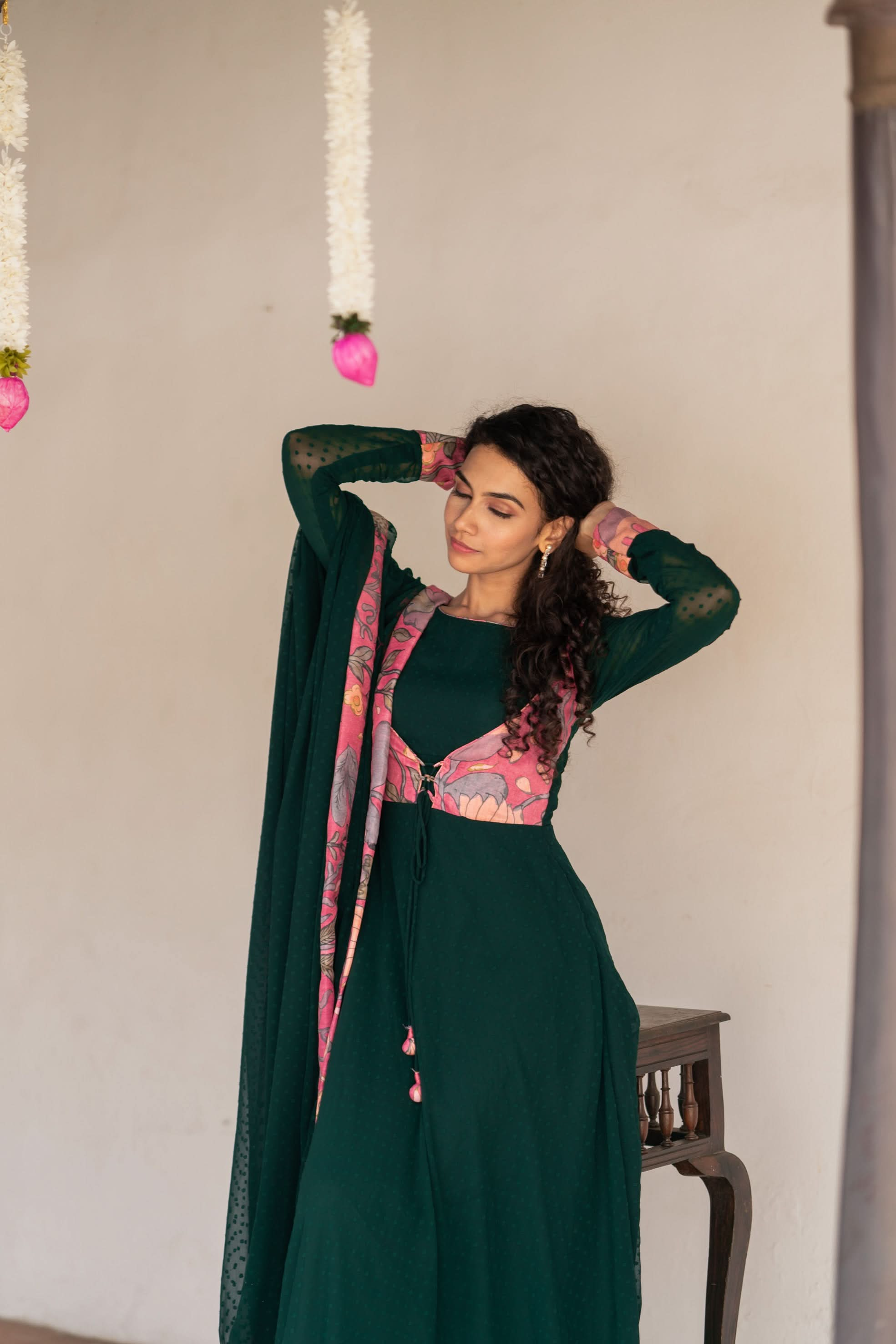 Deep Green and Pink Flared Kurti and Dupatta Set  | Made To Order