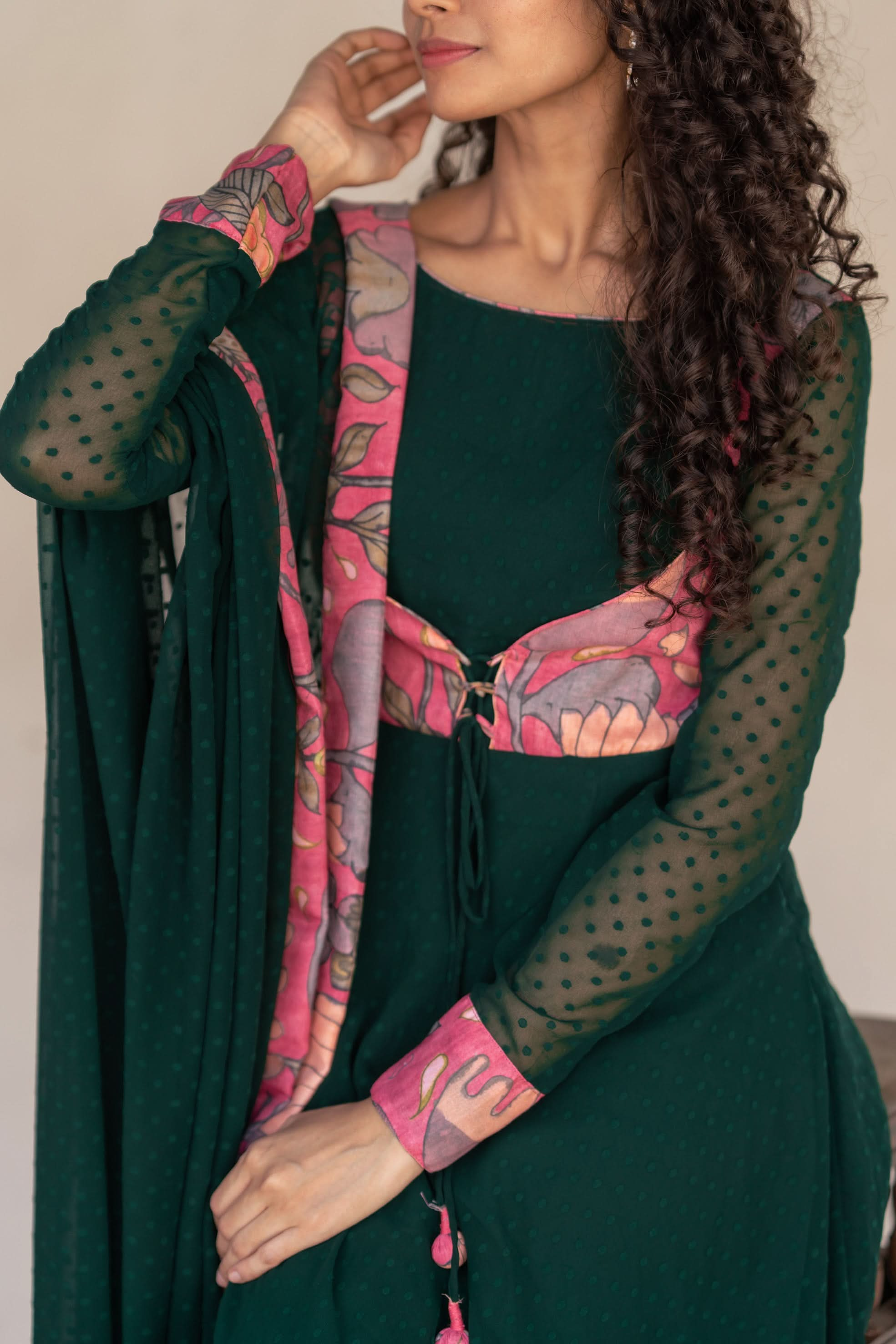 Deep Green and Pink Flared Kurti and Dupatta Set  | Made To Order