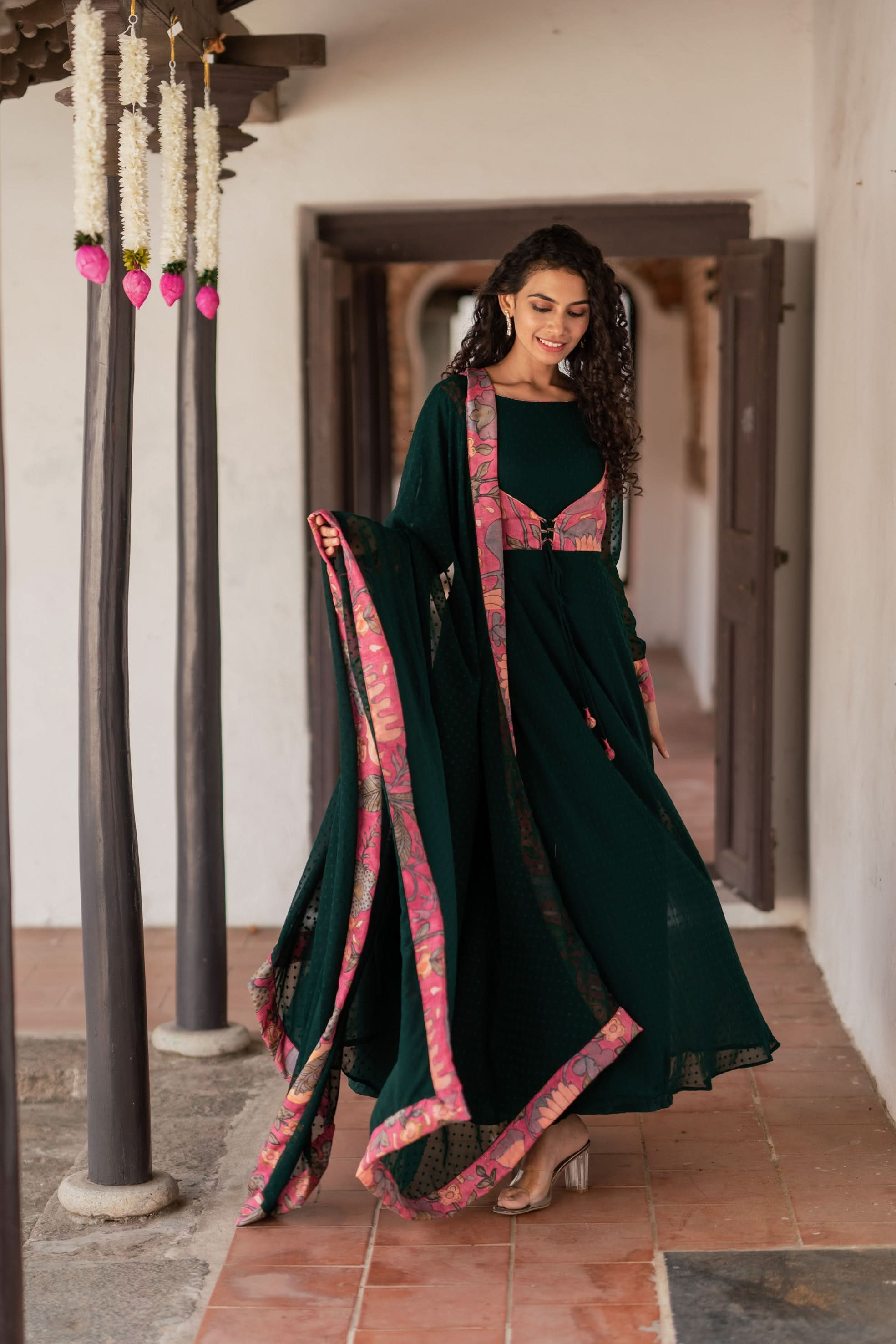 Deep Green and Pink Flared Kurti and Dupatta Set  | Made To Order