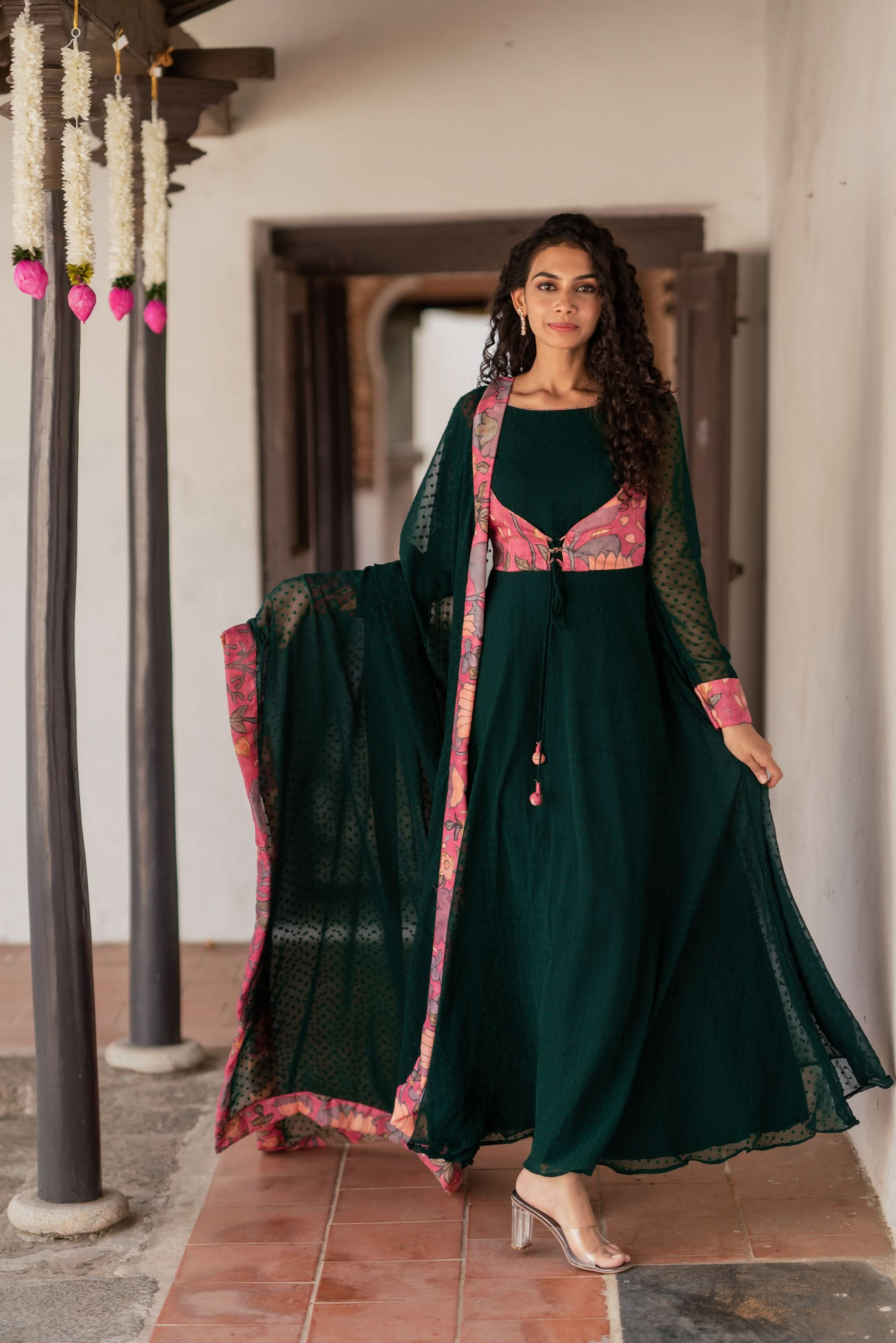 Deep Green and Pink Flared Kurti and Dupatta Set  | Made To Order