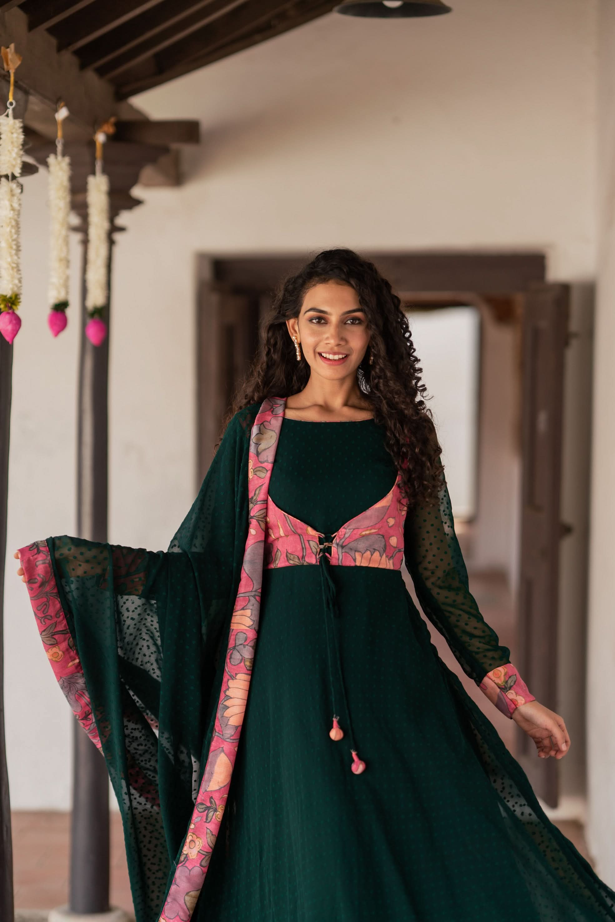 Deep Green and Pink Flared Kurti and Dupatta Set  | Made To Order