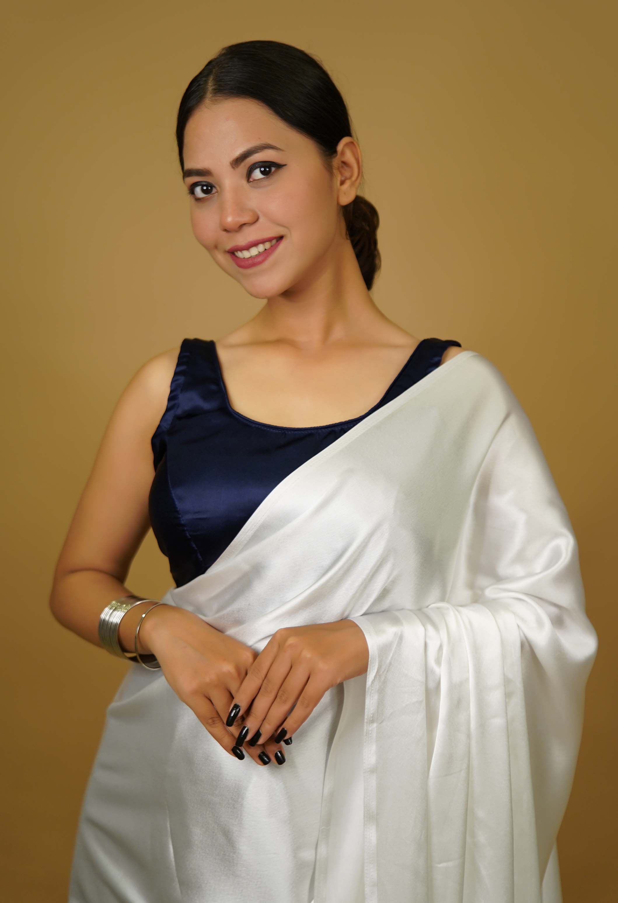 U Neck With Beautiful Back Satin Sleeveless Blouse in Blue