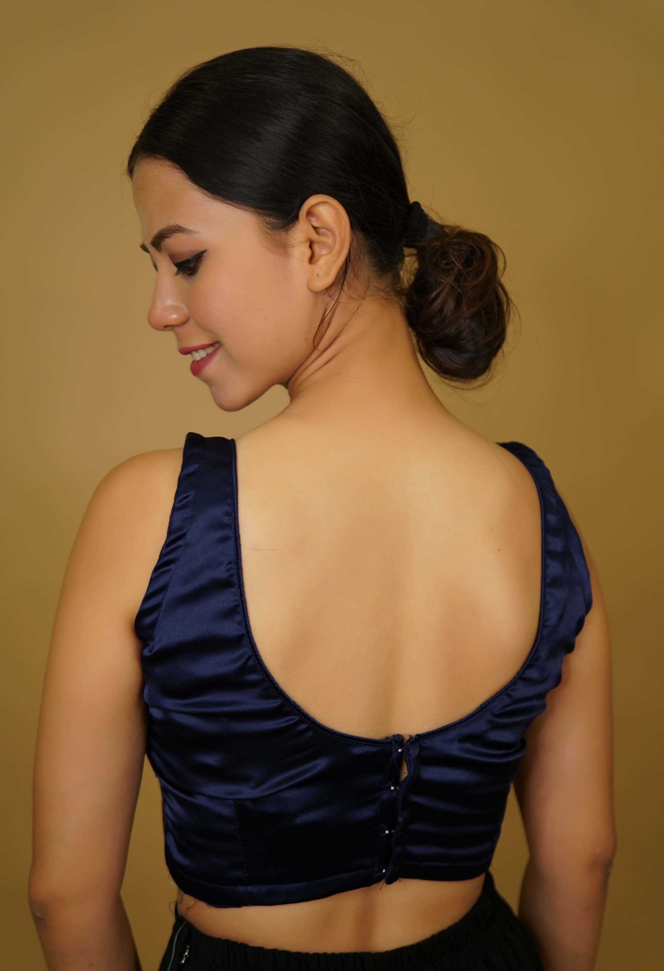 U Neck With Beautiful Back Satin Sleeveless Blouse in Blue