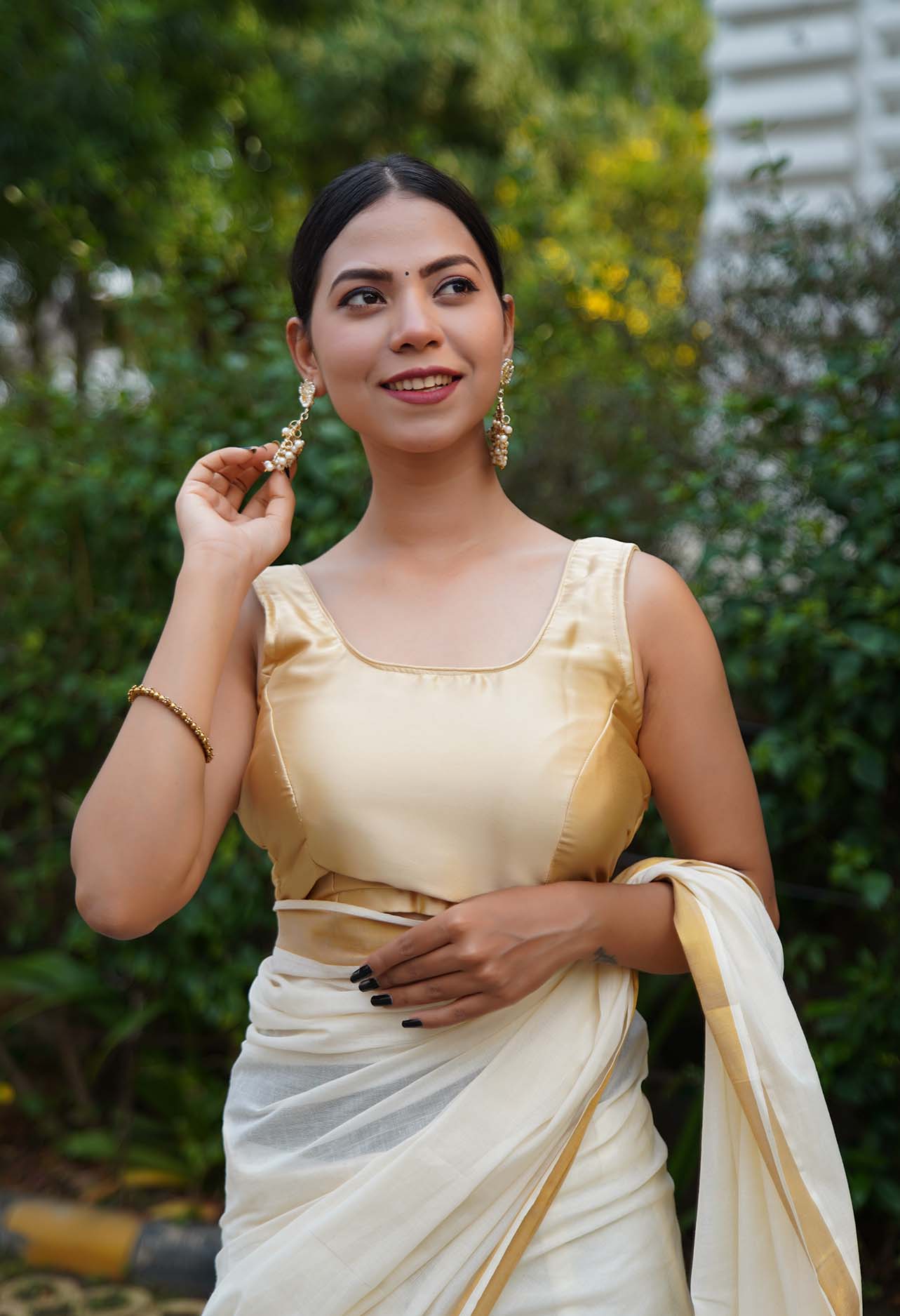 Golden U Neck With Beautiful Back Satin Sleeveless Blouse