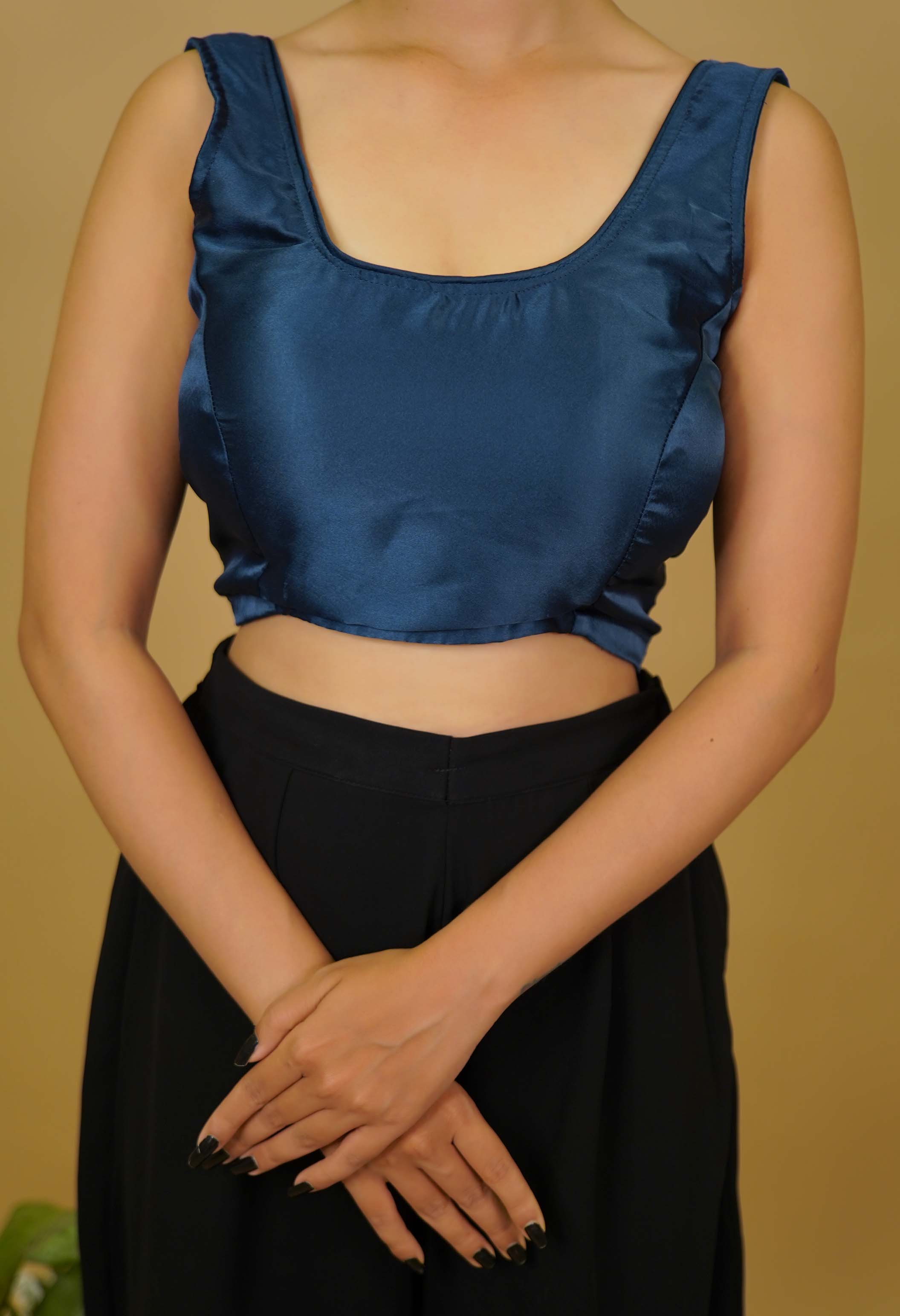 U Neck With Beautiful Back Satin Sleeveless Blouse in Blue