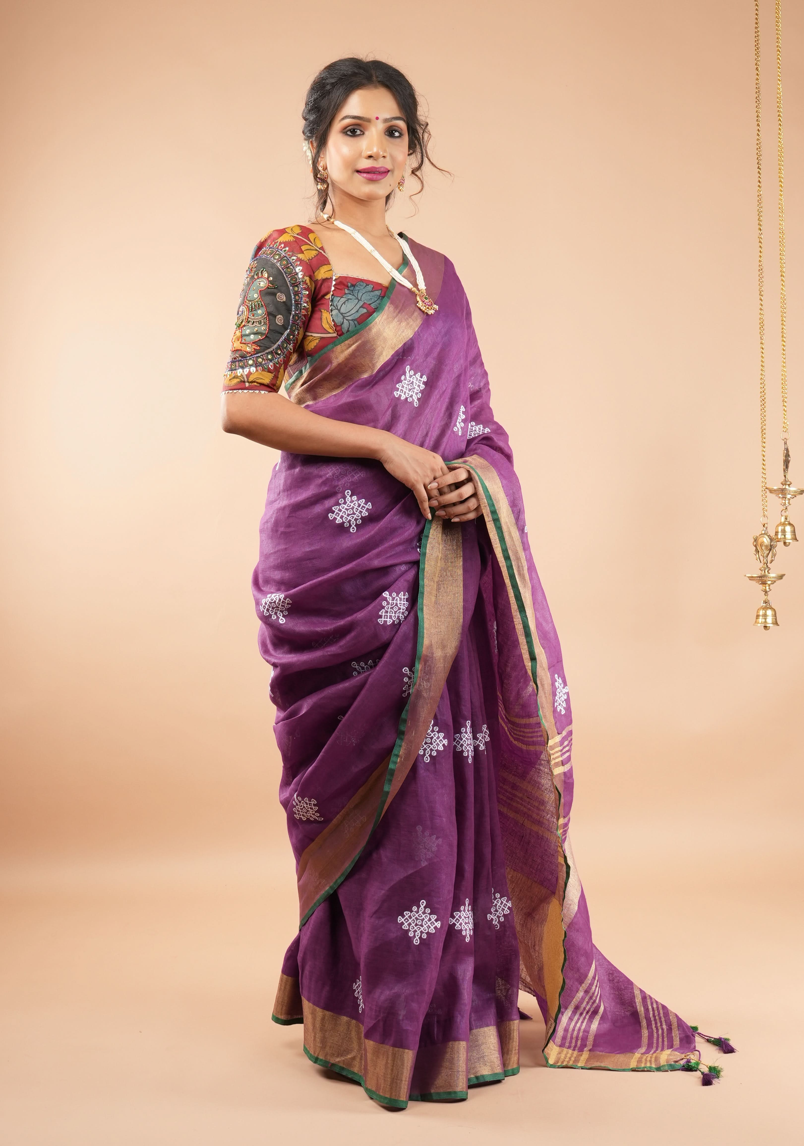 Kolam Design on Pure Linen by Linen Saree in Purple, Gold and Green