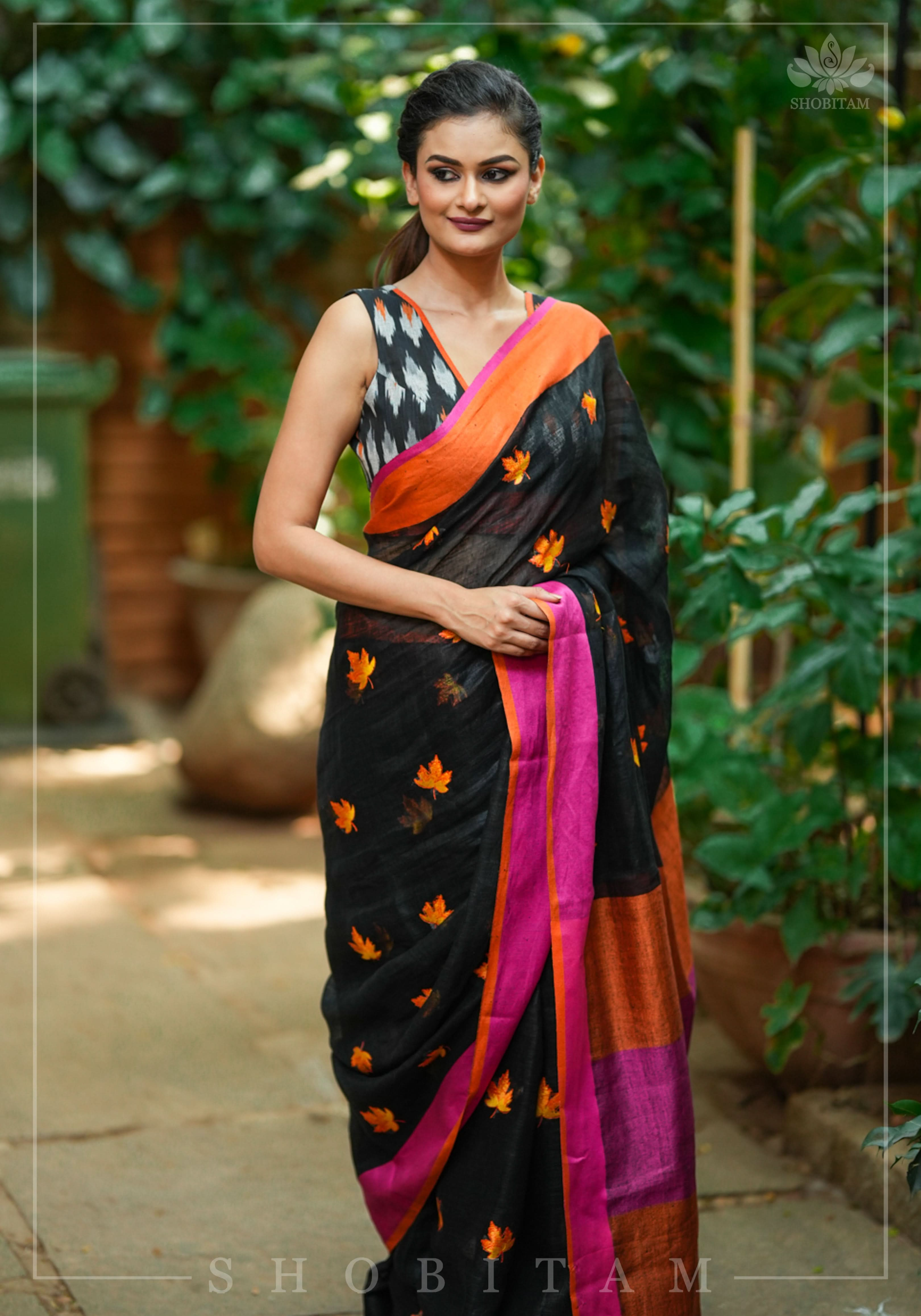 Linen by Linen Saree in Black with Fall Leaves Embroidery and Ganga Jamuna Borders | Shobitam Saree