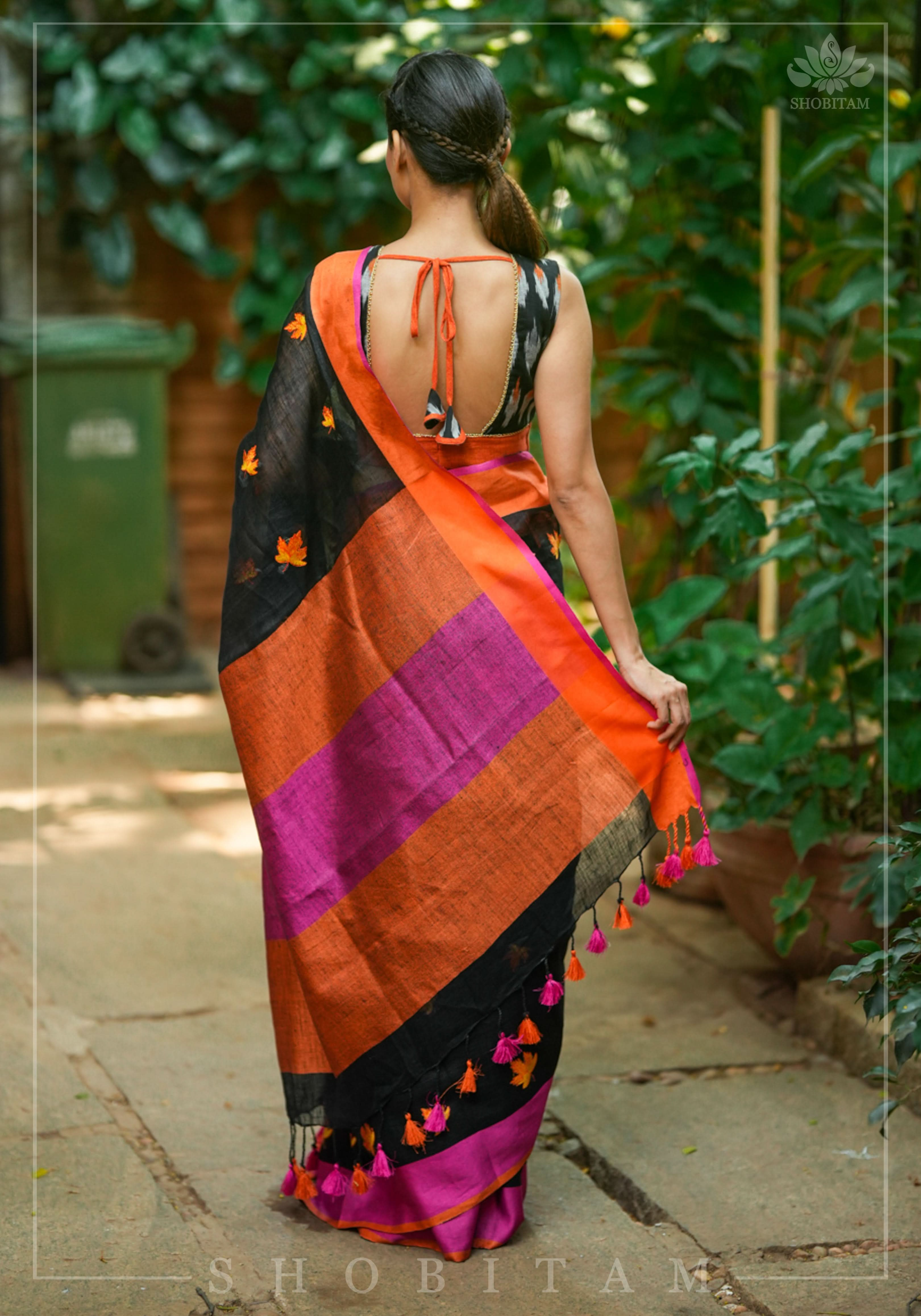 Linen by Linen Saree in Black with Fall Leaves Embroidery and Ganga Jamuna Borders | Shobitam Saree