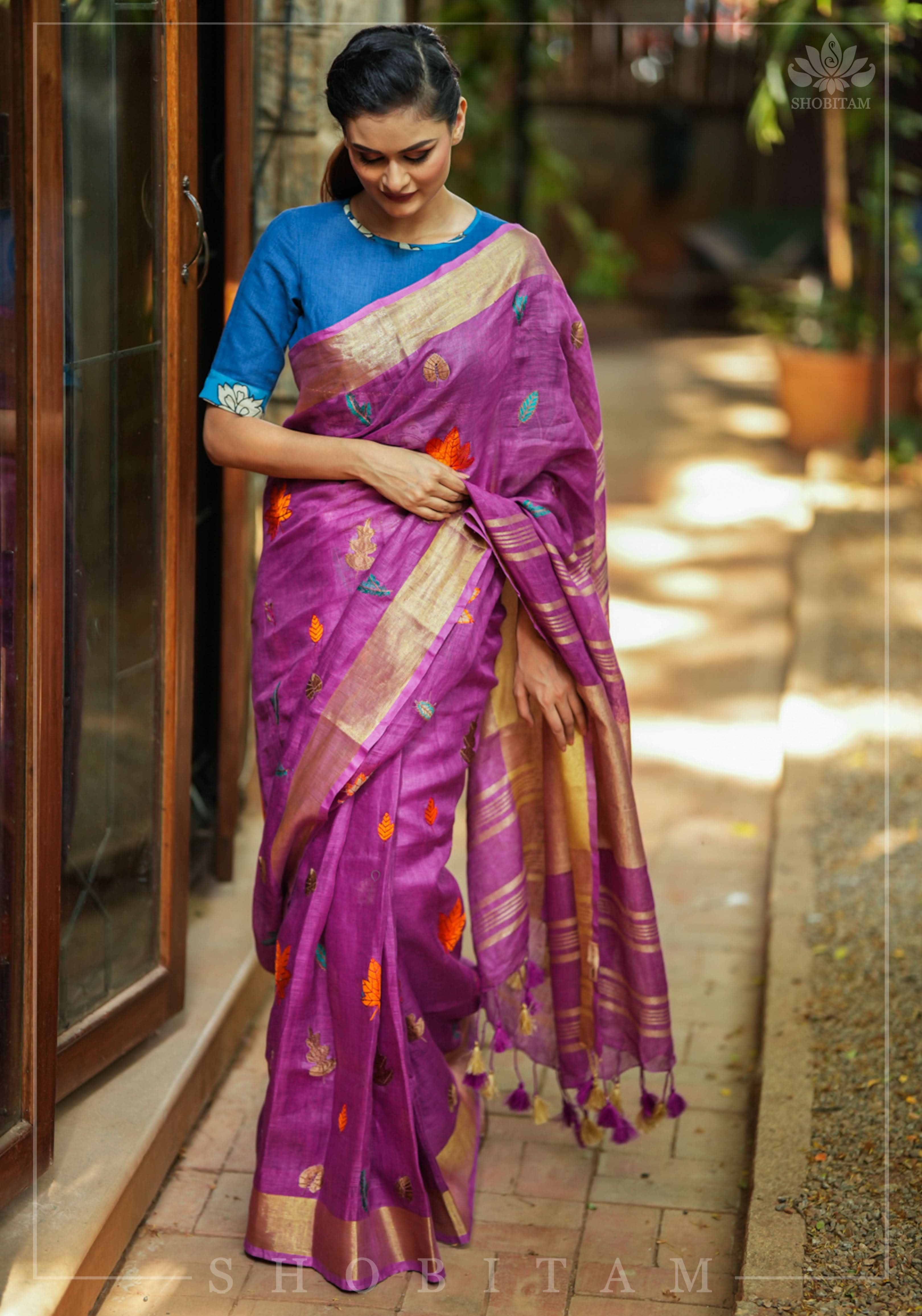 Light Purple Linen Saree with Embroidery | Shobitam Saree